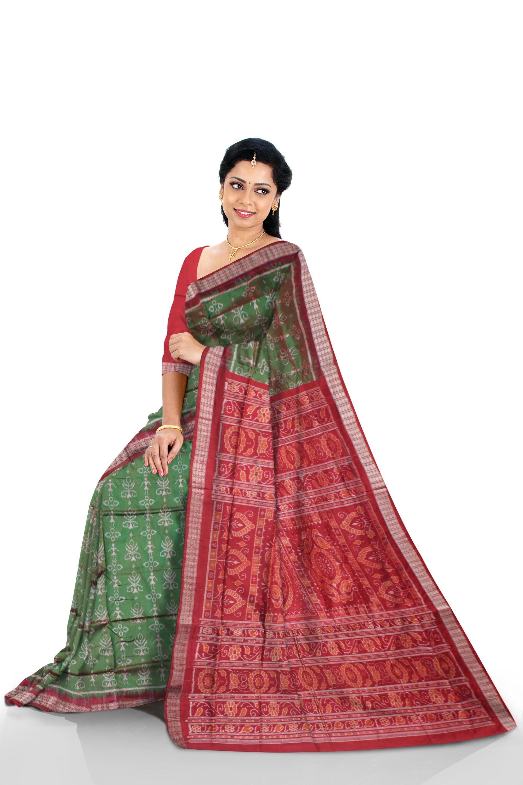 DARK GREEN AND RED COLOR TERRACOTTA PATTERN PATA SAREE , WITH MATCHING BLOUSE PIECE. - Koshali Arts & Crafts Enterprise