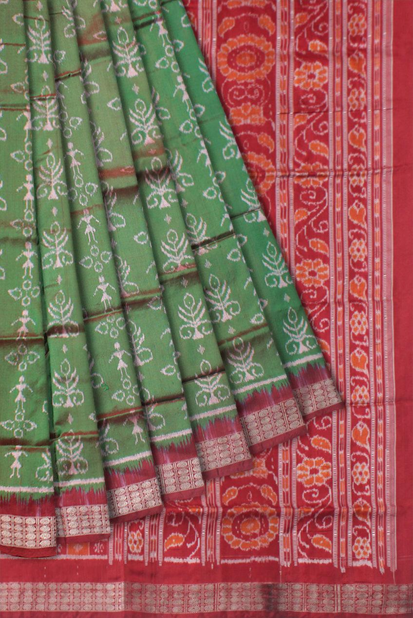 DARK GREEN AND RED COLOR TERRACOTTA PATTERN PATA SAREE , WITH MATCHING BLOUSE PIECE. - Koshali Arts & Crafts Enterprise
