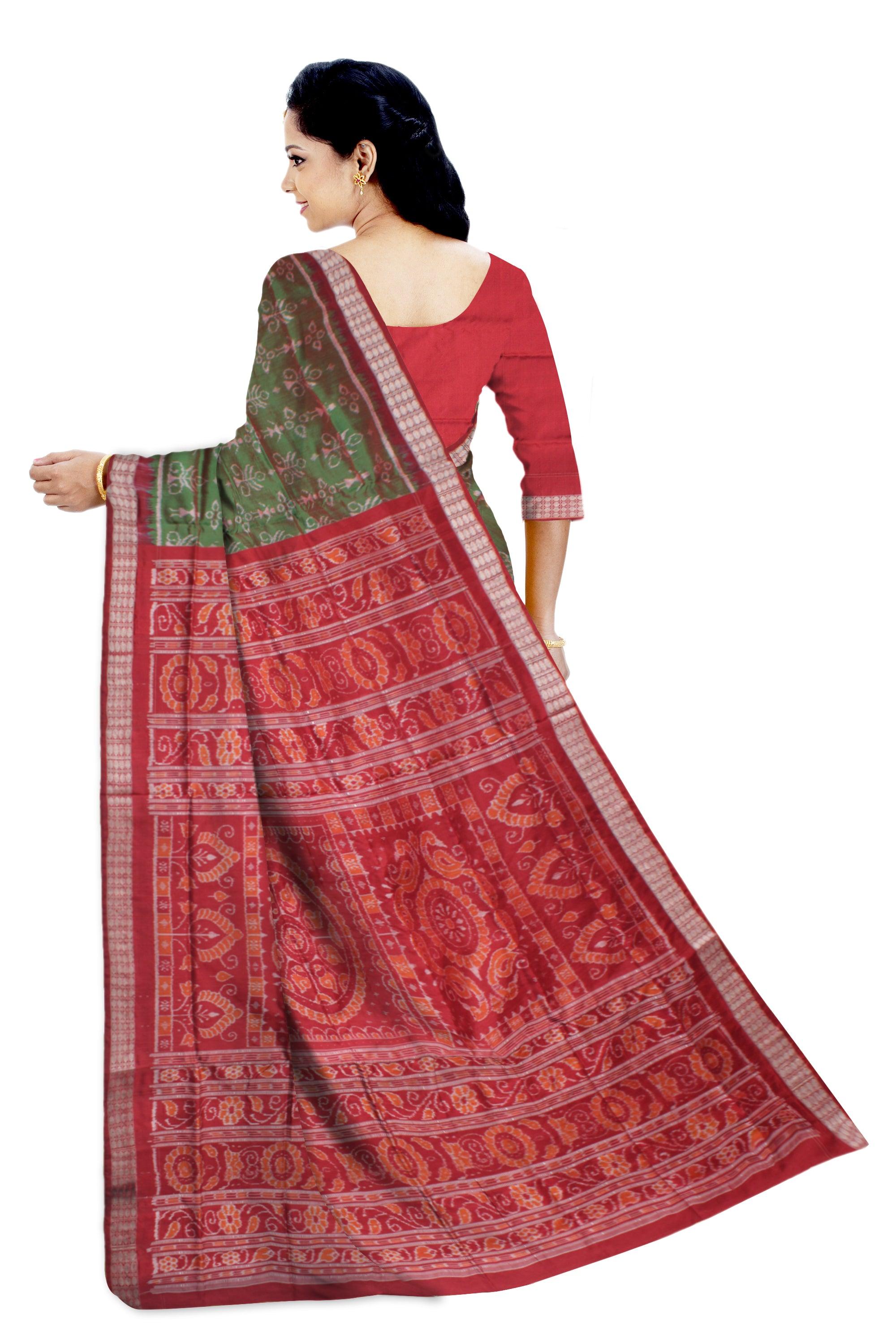 DARK GREEN AND RED COLOR TERRACOTTA PATTERN PATA SAREE , WITH MATCHING BLOUSE PIECE. - Koshali Arts & Crafts Enterprise