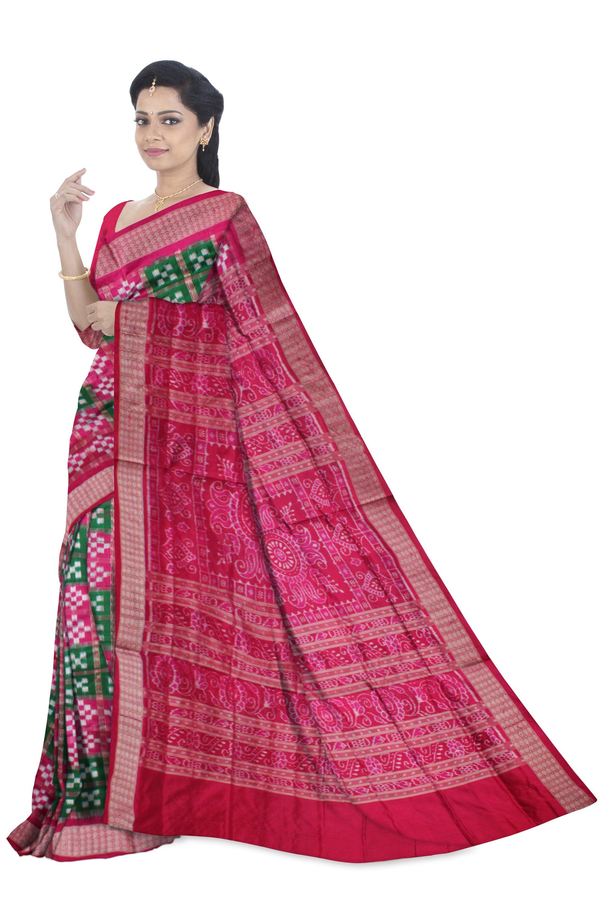 ROSY PINK AND GREEN COLOR BASE PURE PASAPALI PATTERN SILK SAREE, WITH MATCHING BLOUSE PIECE. - Koshali Arts & Crafts Enterprise