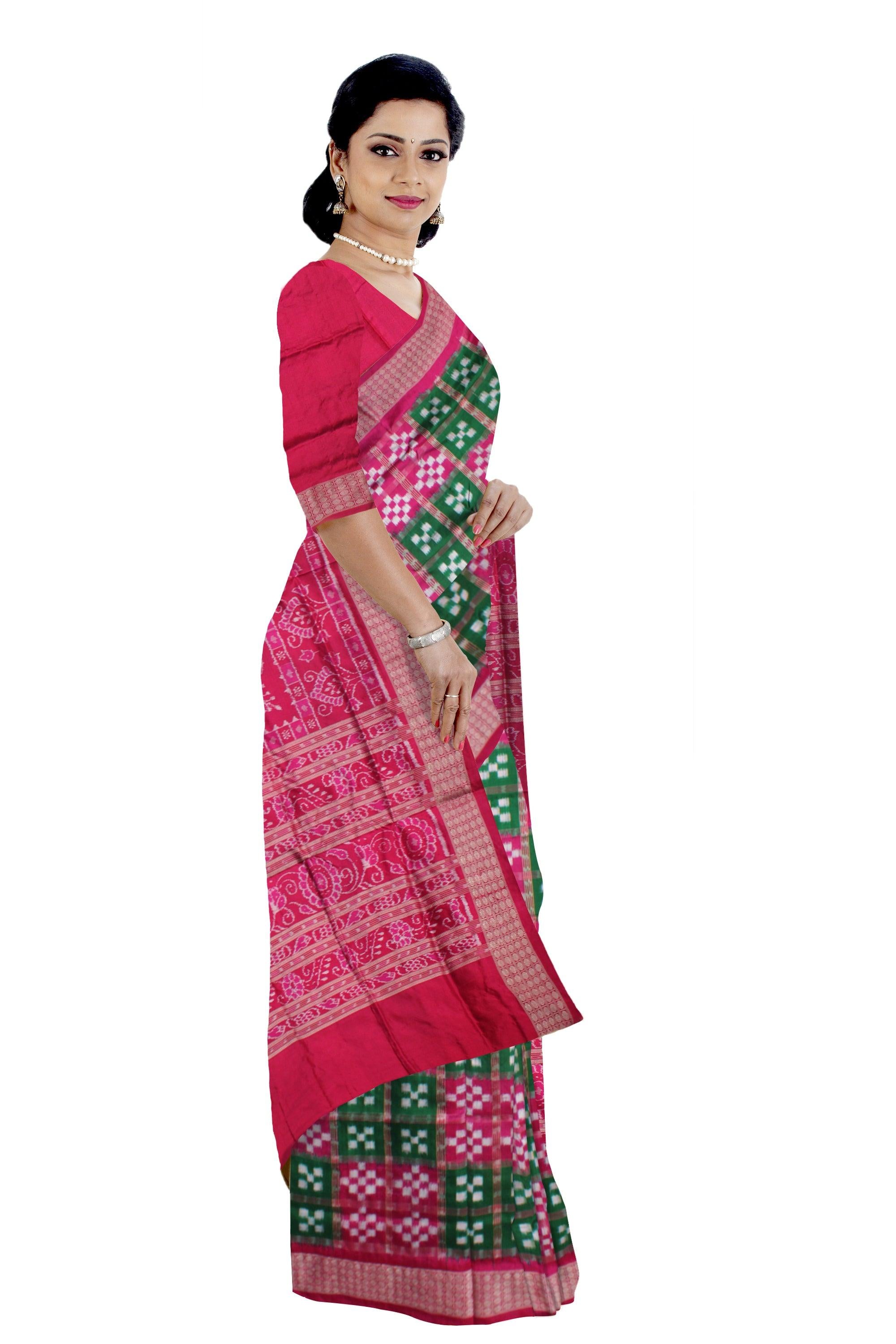 ROSY PINK AND GREEN COLOR BASE PURE PASAPALI PATTERN SILK SAREE, WITH MATCHING BLOUSE PIECE. - Koshali Arts & Crafts Enterprise