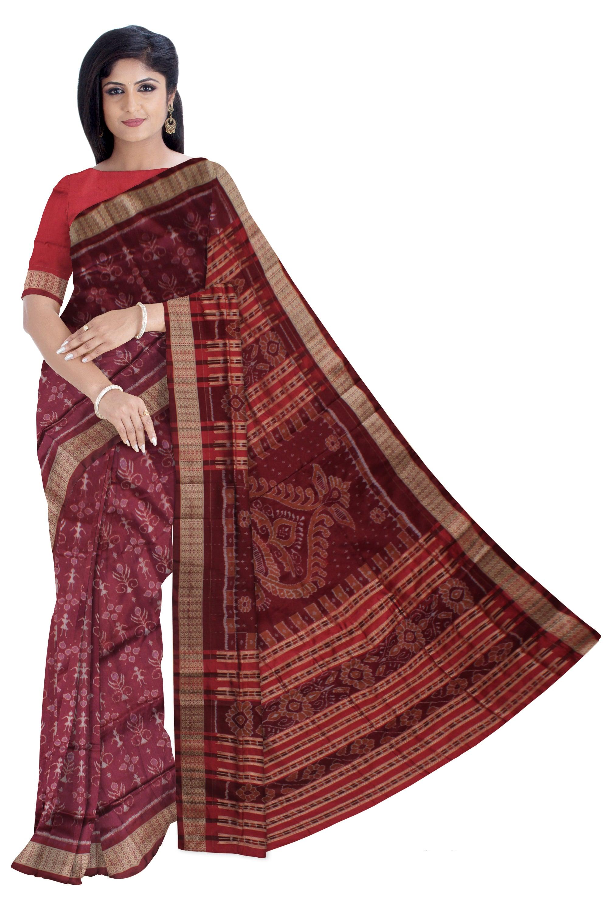 TERRACOTTA WITH TREE PATTERN PATA SAREE IS CHOCOLATE MAROON COLOR BASE, WITH MATCHING BLOUSE PIECE. - Koshali Arts & Crafts Enterprise