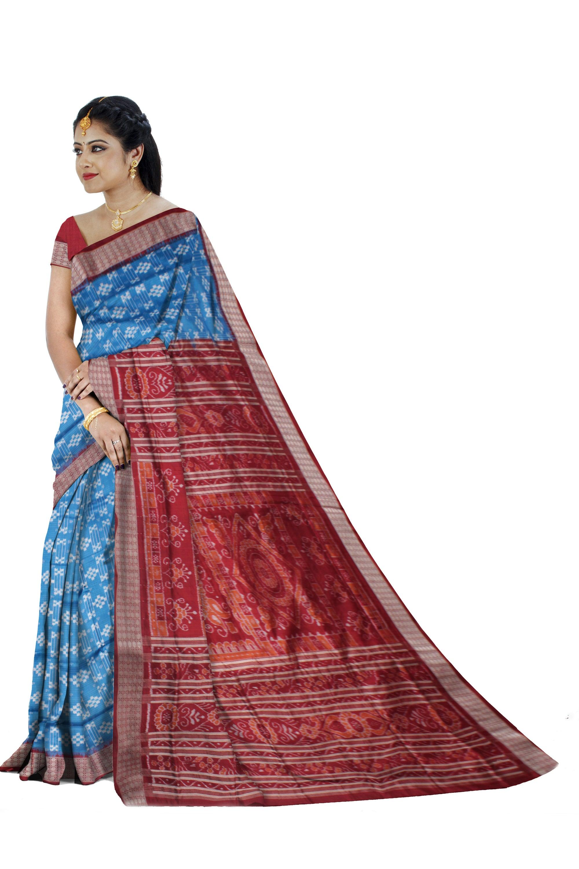 TRADITIONAL PASAPALI PATTERN PURE SILK SAREE IS SKY AND MAROON COLOR BASE, ATTACHED WITH MATCHING BLOUSE PIECE. - Koshali Arts & Crafts Enterprise