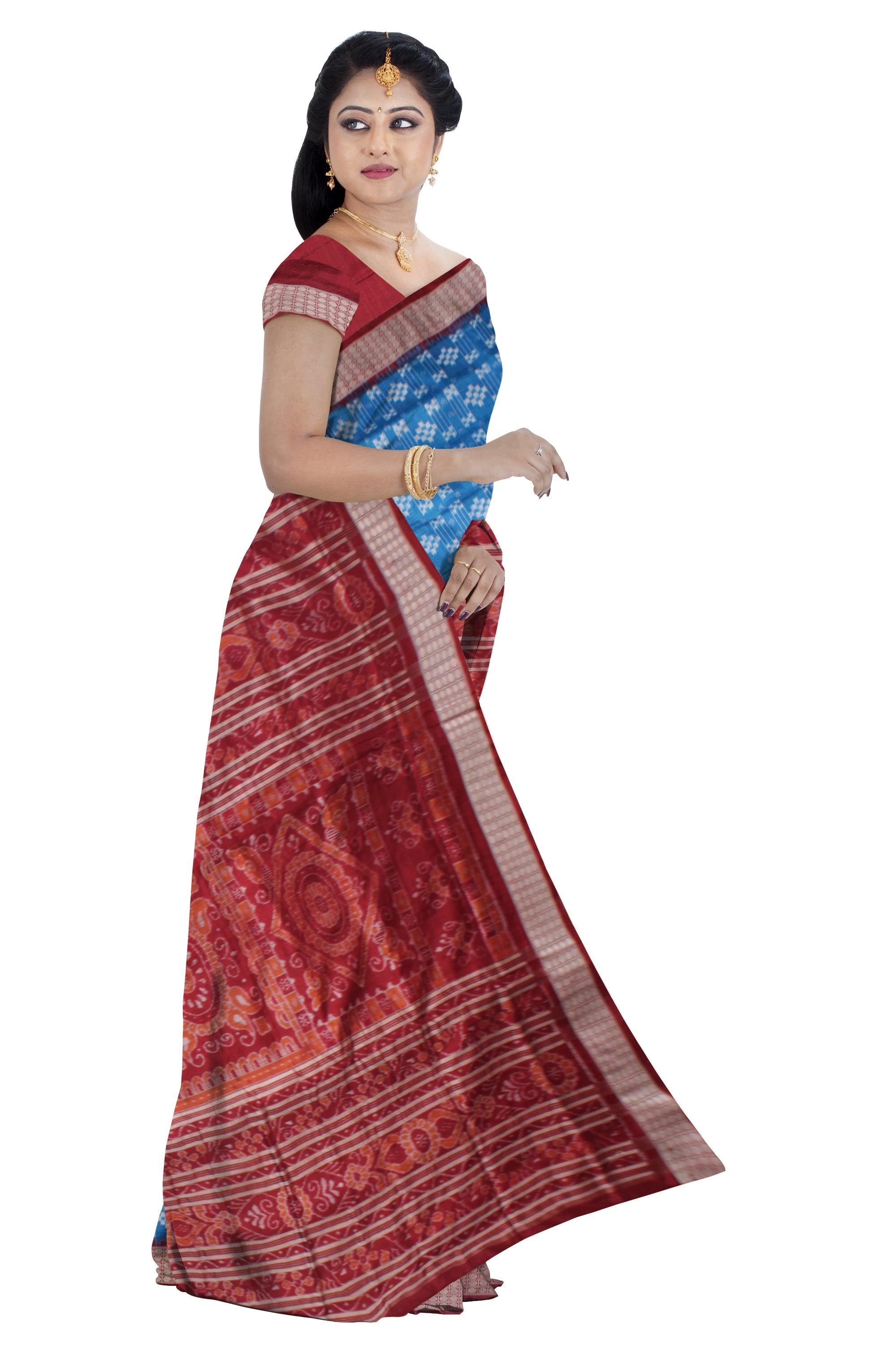 TRADITIONAL PASAPALI PATTERN PURE SILK SAREE IS SKY AND MAROON COLOR BASE, ATTACHED WITH MATCHING BLOUSE PIECE. - Koshali Arts & Crafts Enterprise
