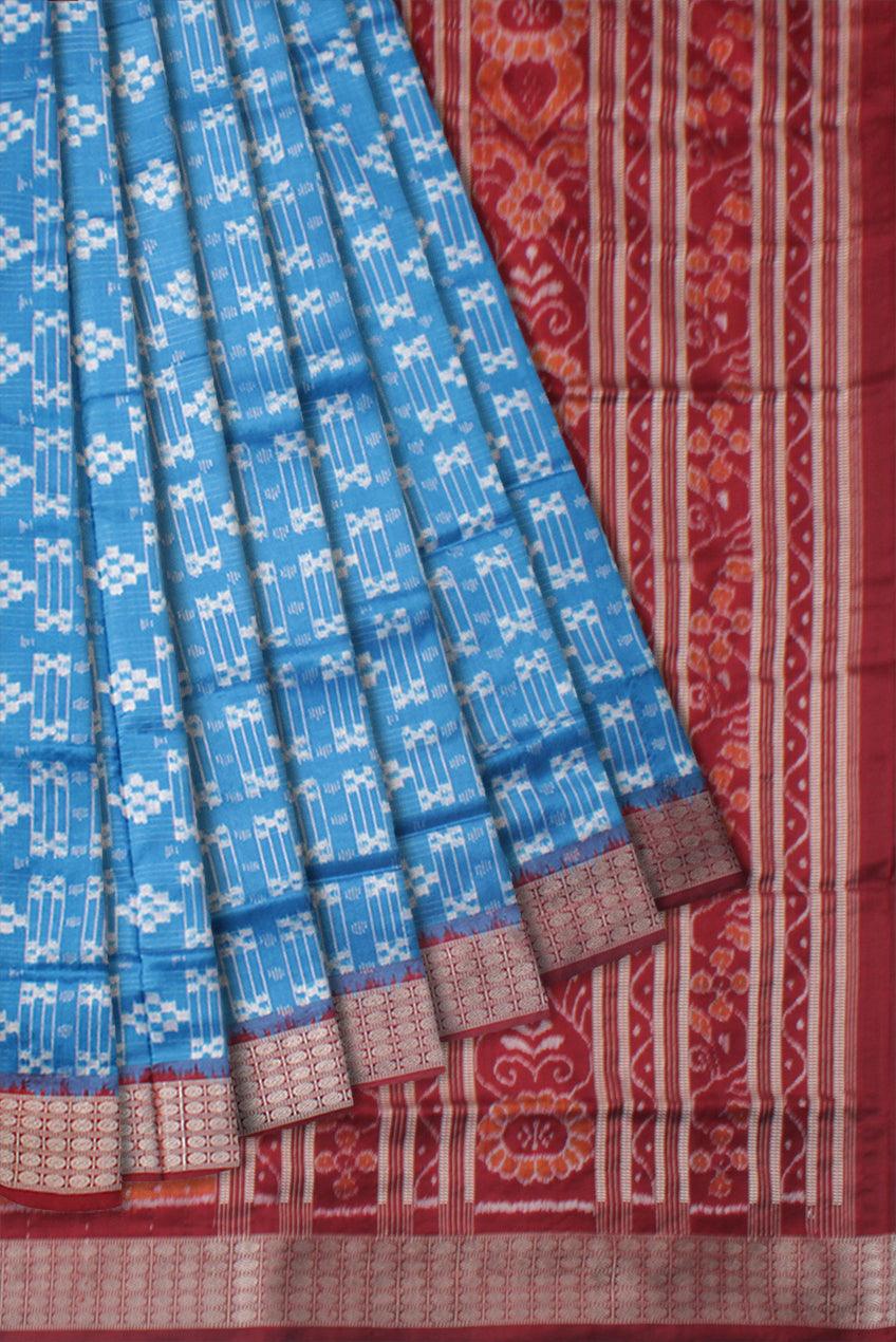 TRADITIONAL PASAPALI PATTERN PURE SILK SAREE IS SKY AND MAROON COLOR BASE, ATTACHED WITH MATCHING BLOUSE PIECE. - Koshali Arts & Crafts Enterprise