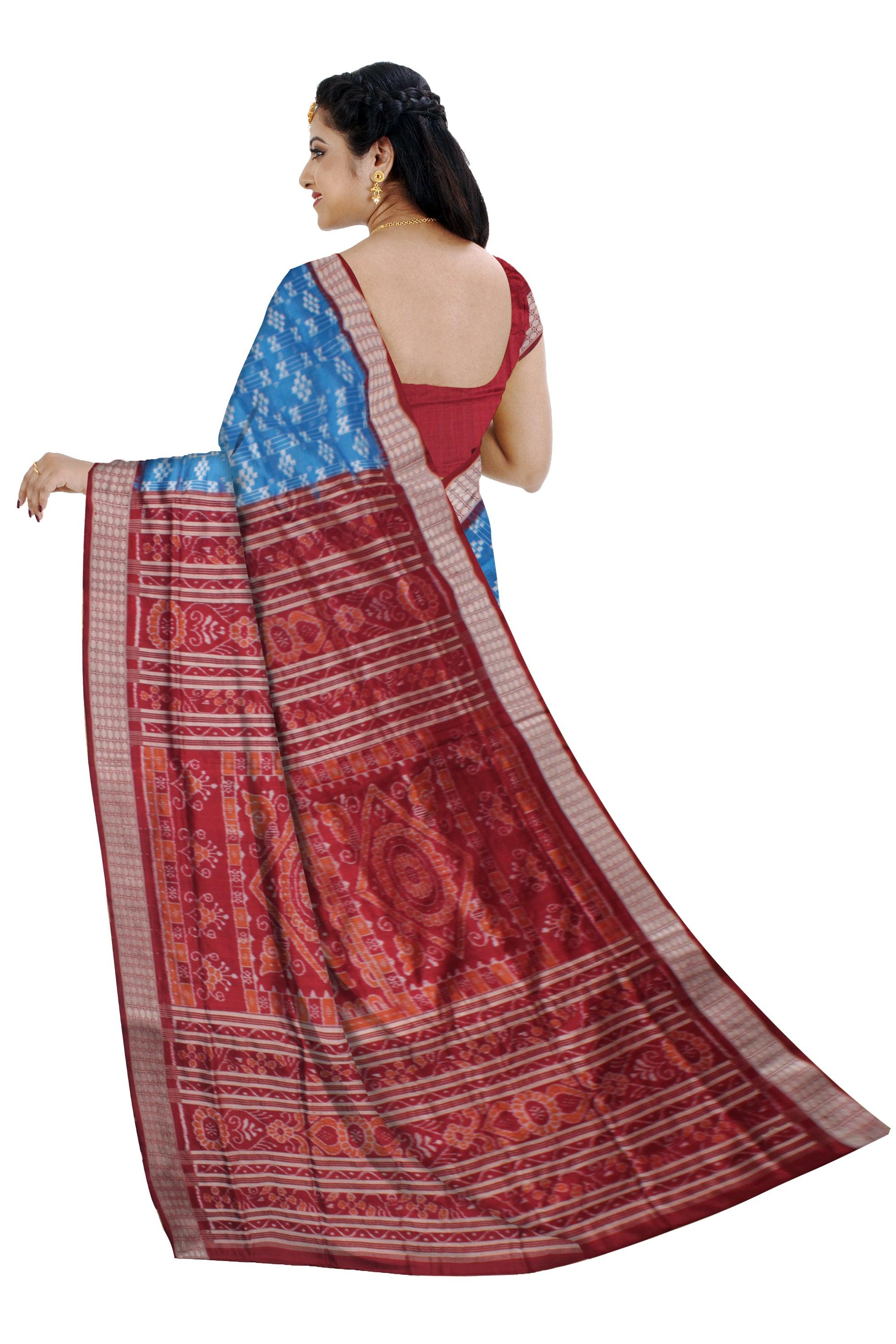 TRADITIONAL PASAPALI PATTERN PURE SILK SAREE IS SKY AND MAROON COLOR BASE, ATTACHED WITH MATCHING BLOUSE PIECE. - Koshali Arts & Crafts Enterprise