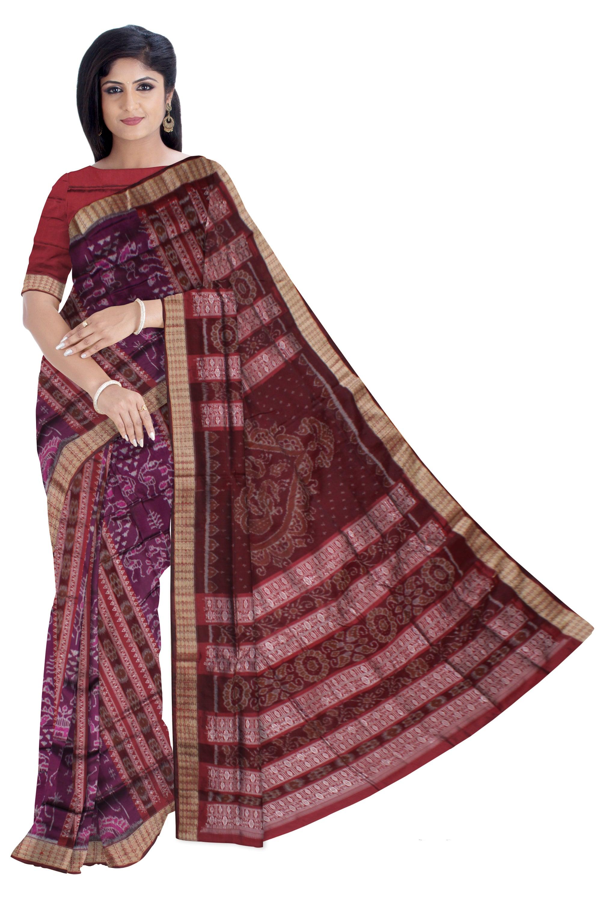 TRADITIONAL VILLAGE PATTERN SILK SAREE IS DARK PURPLE AND MAROON COLOR BASE,COMES WITH MATCHING BLOUSE PIECE. - Koshali Arts & Crafts Enterprise