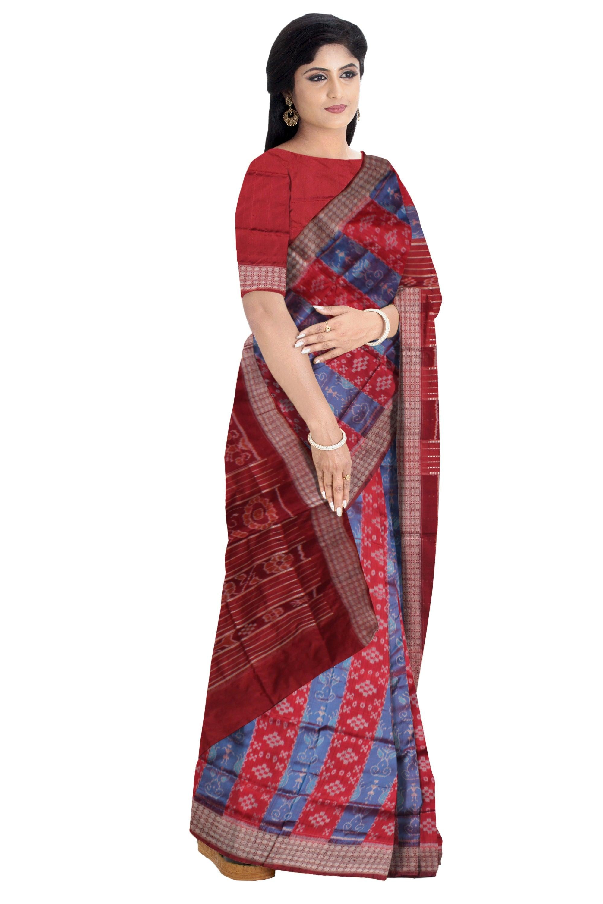 TERRACOTTA WITH PASAPALI PATTERN PATA SAREE IS  ROSY PINK AND LIGHT SKY COLOR BASE,WITH MATCHING BLOUSE PIECE. - Koshali Arts & Crafts Enterprise