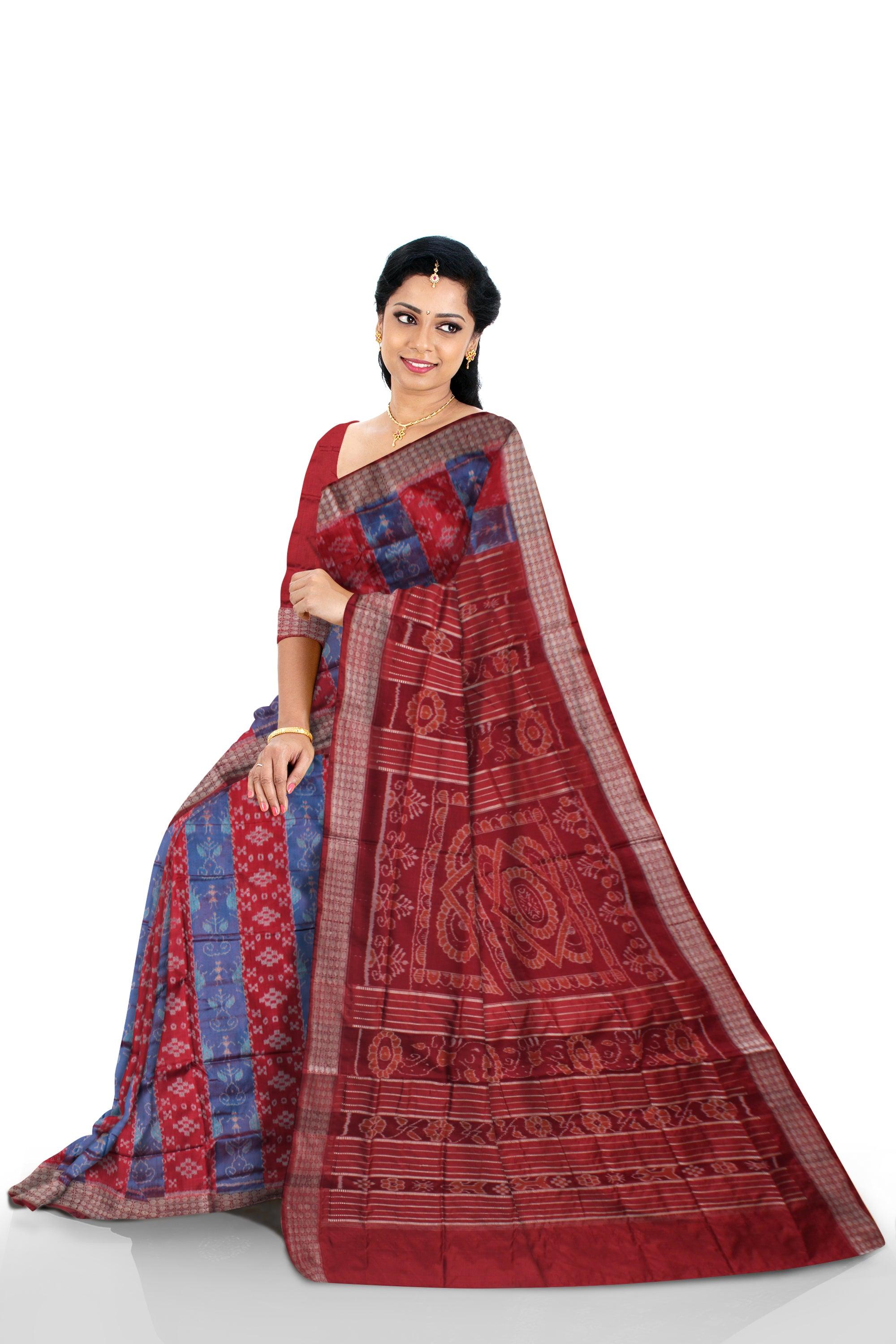 TERRACOTTA WITH PASAPALI PATTERN PATA SAREE IS  ROSY PINK AND LIGHT SKY COLOR BASE,WITH MATCHING BLOUSE PIECE. - Koshali Arts & Crafts Enterprise