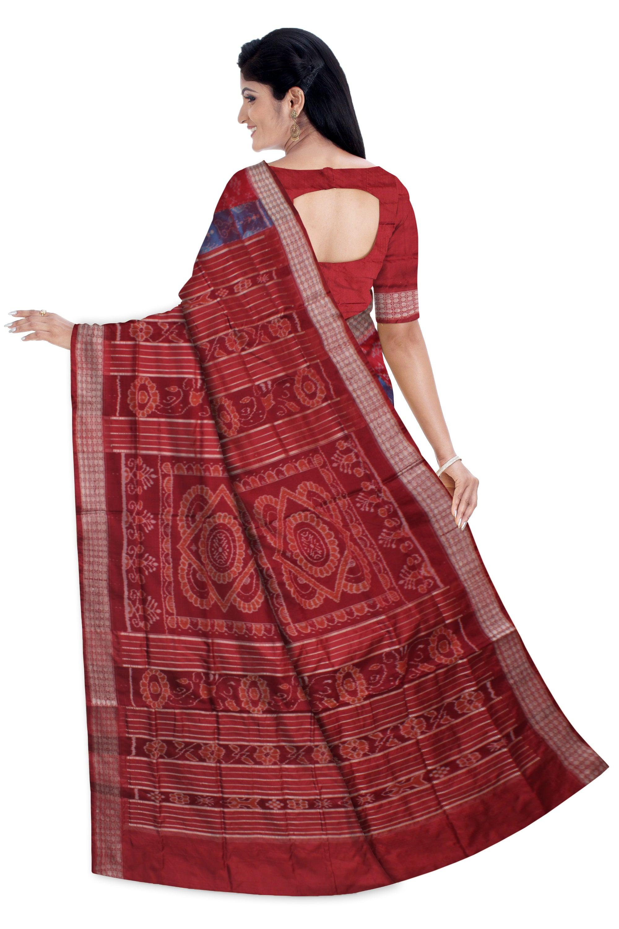 TERRACOTTA WITH PASAPALI PATTERN PATA SAREE IS  ROSY PINK AND LIGHT SKY COLOR BASE,WITH MATCHING BLOUSE PIECE. - Koshali Arts & Crafts Enterprise