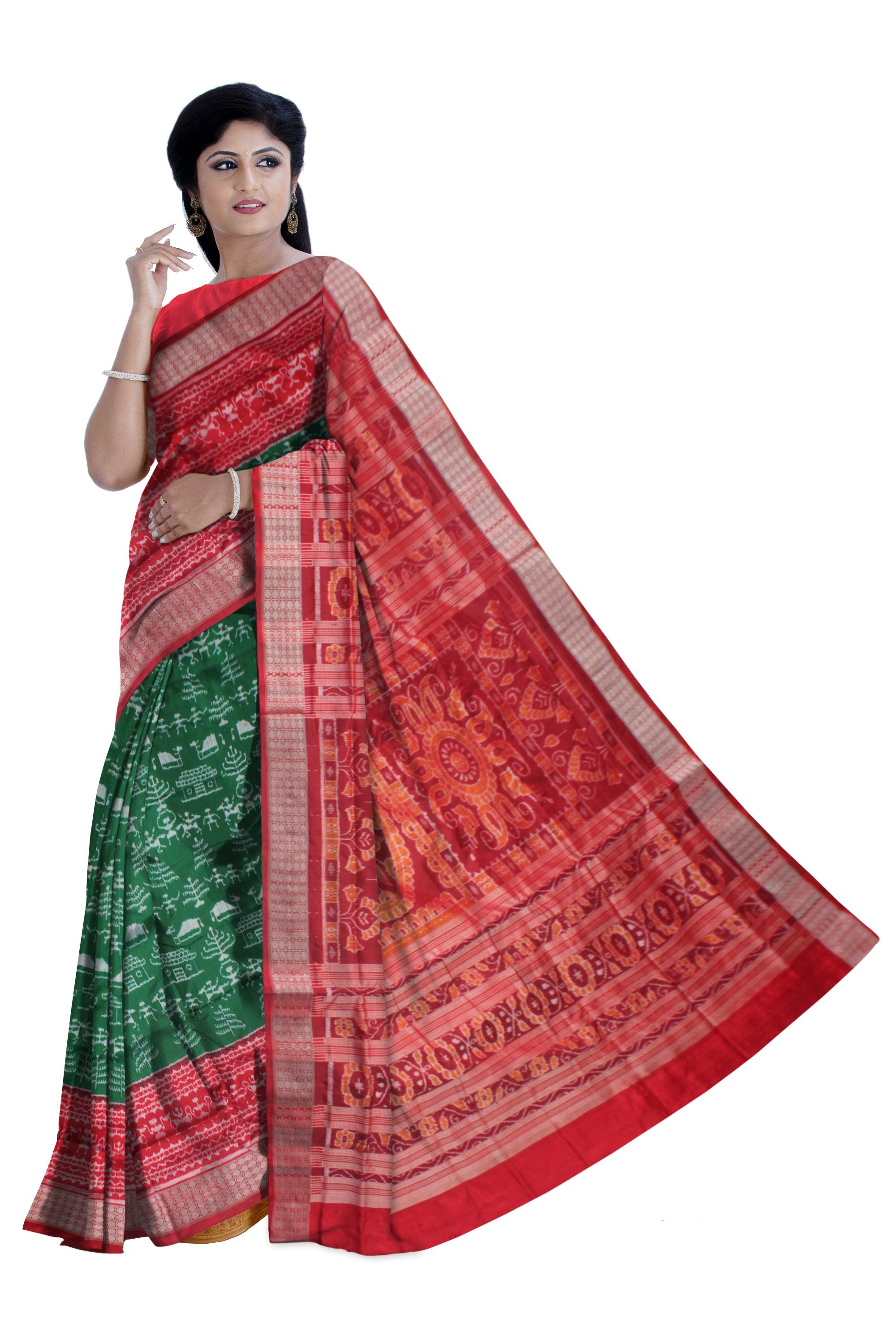 TRADITIONAL TERRACOTTA PATTERN PURE SILK SAREE IS GREEN AND RED COLOR BASE, ATTACHED WITH BLOUSE PIECE. - Koshali Arts & Crafts Enterprise