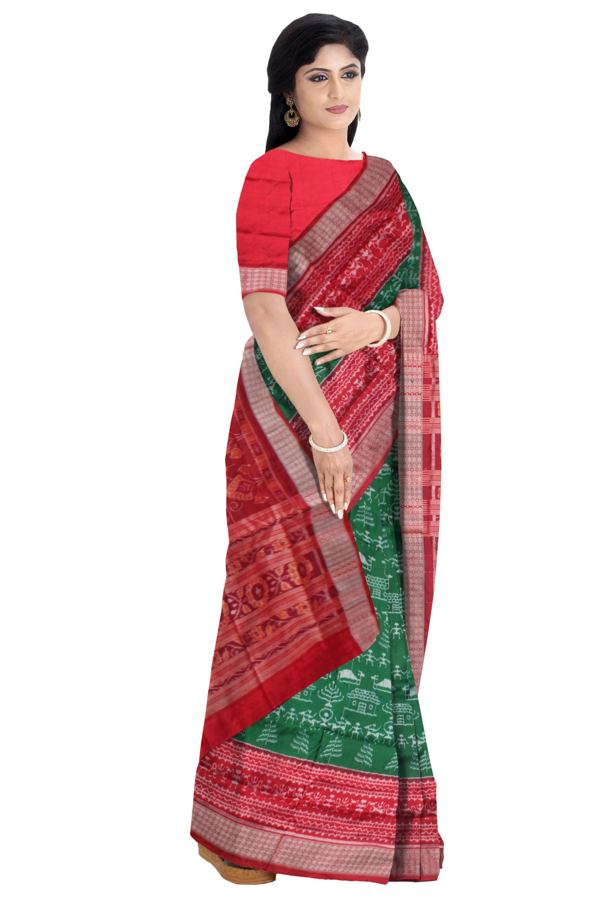 TRADITIONAL TERRACOTTA PATTERN PURE SILK SAREE IS GREEN AND RED COLOR BASE, ATTACHED WITH BLOUSE PIECE. - Koshali Arts & Crafts Enterprise