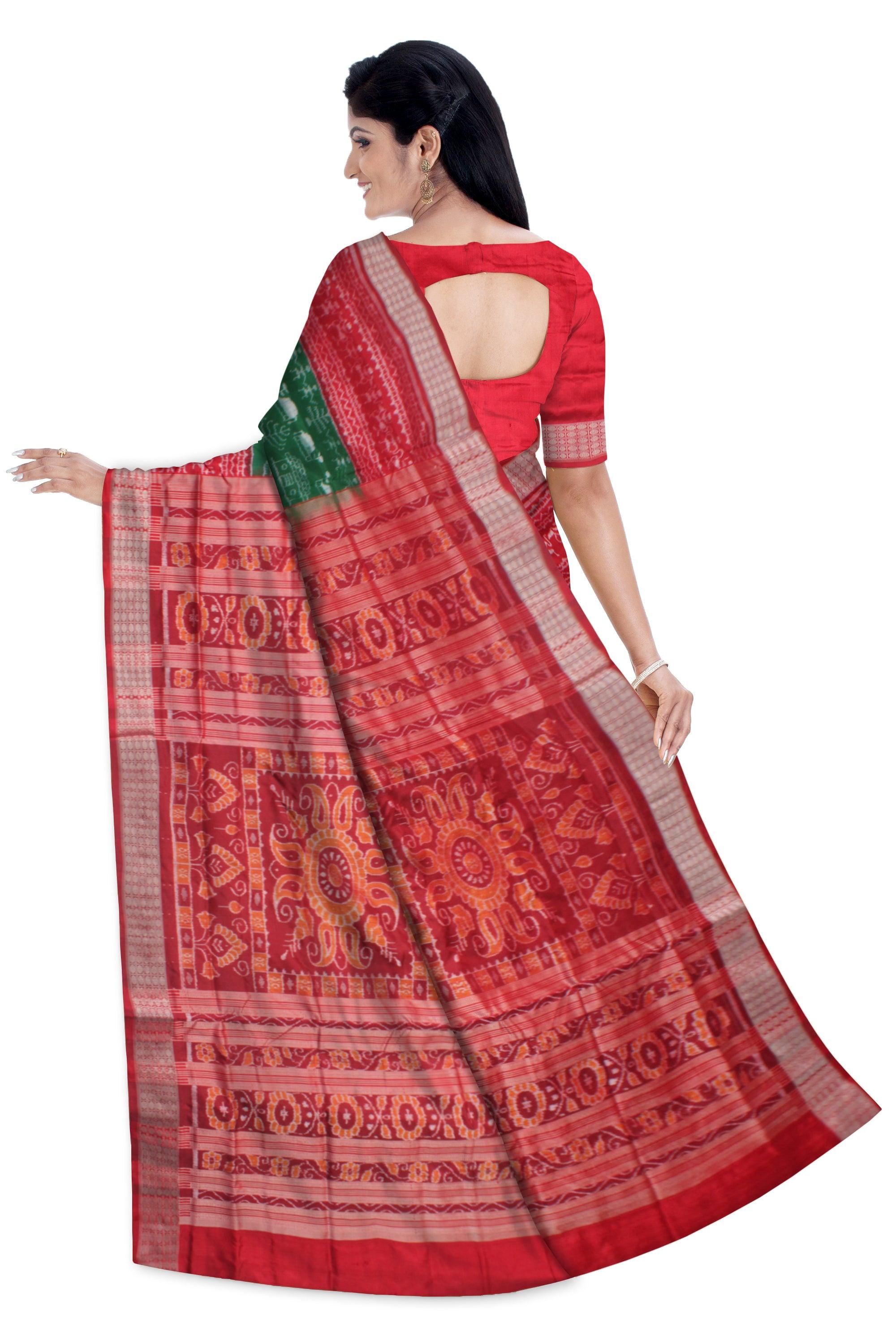 TRADITIONAL TERRACOTTA PATTERN PURE SILK SAREE IS GREEN AND RED COLOR BASE, ATTACHED WITH BLOUSE PIECE. - Koshali Arts & Crafts Enterprise