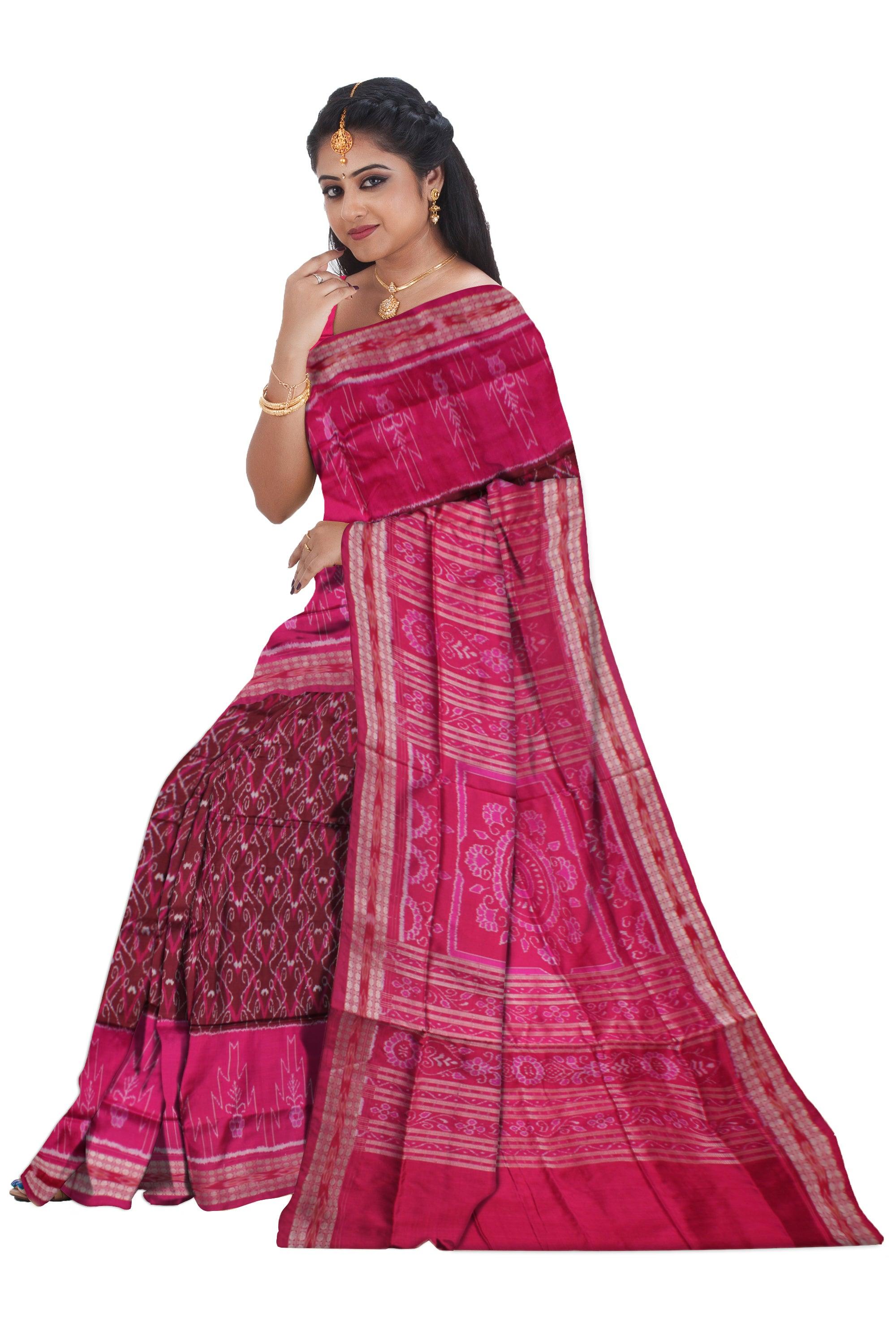 MAROON AND RANI COLOR IKAT PATTERN PURE PATA SAREE, WITH BLOUSE PIECE. - Koshali Arts & Crafts Enterprise
