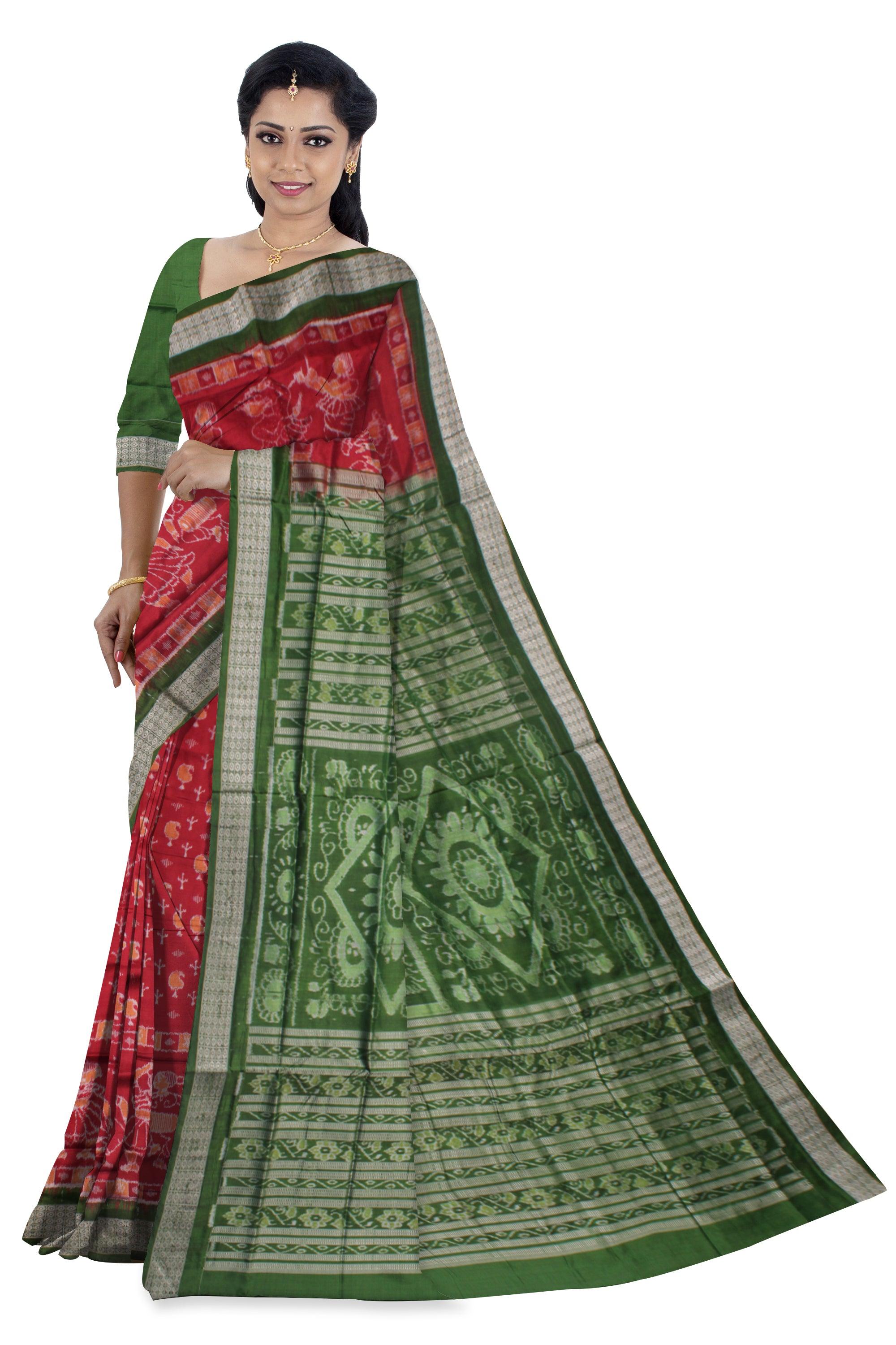 NARTAKI PATTERN PURE SILK SAREE IS MAROON AND GREEN COLOR BASE, ATTACHED WITH MATCHING BLOUSE PIECE. - Koshali Arts & Crafts Enterprise