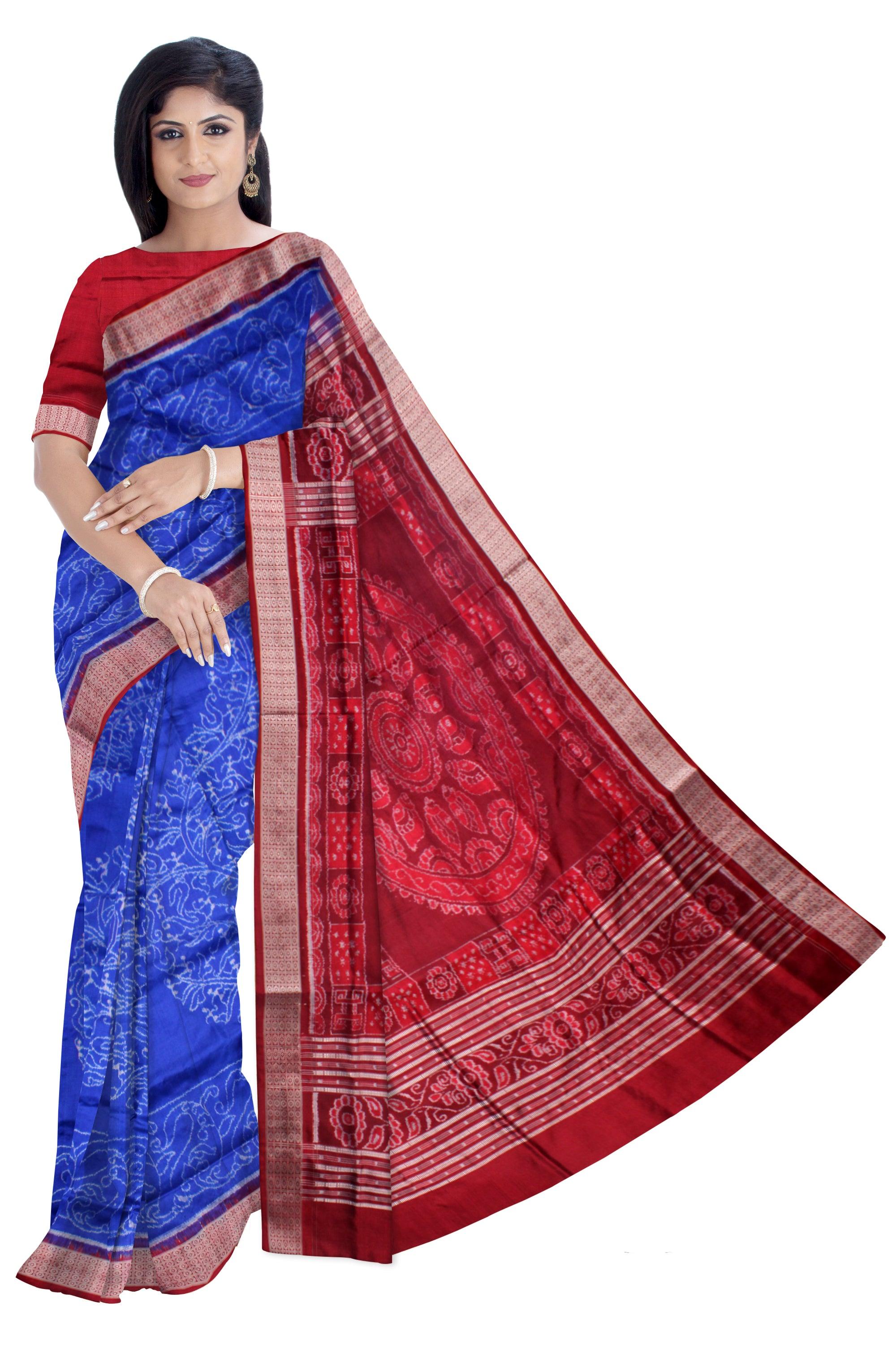 TERRACOTTA WITH TREE PATTERN PURE SILK SAREE IS BLUE AND MAROON COLOR BASE, COMES WITH MATCHING BLOUSE PIECE. - Koshali Arts & Crafts Enterprise