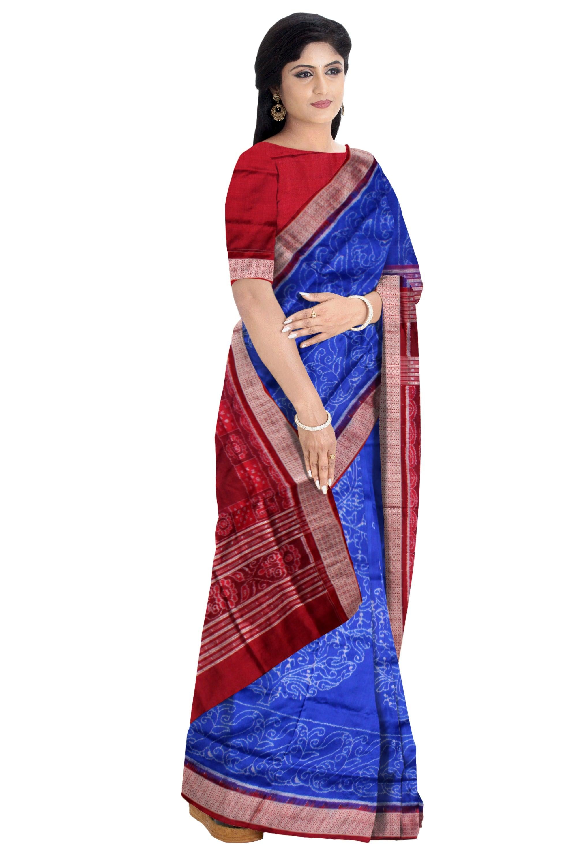 TERRACOTTA WITH TREE PATTERN PURE SILK SAREE IS BLUE AND MAROON COLOR BASE, COMES WITH MATCHING BLOUSE PIECE. - Koshali Arts & Crafts Enterprise