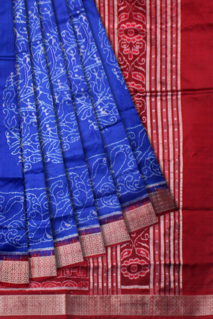 TERRACOTTA WITH TREE PATTERN PURE SILK SAREE IS BLUE AND MAROON COLOR BASE, COMES WITH MATCHING BLOUSE PIECE. - Koshali Arts & Crafts Enterprise