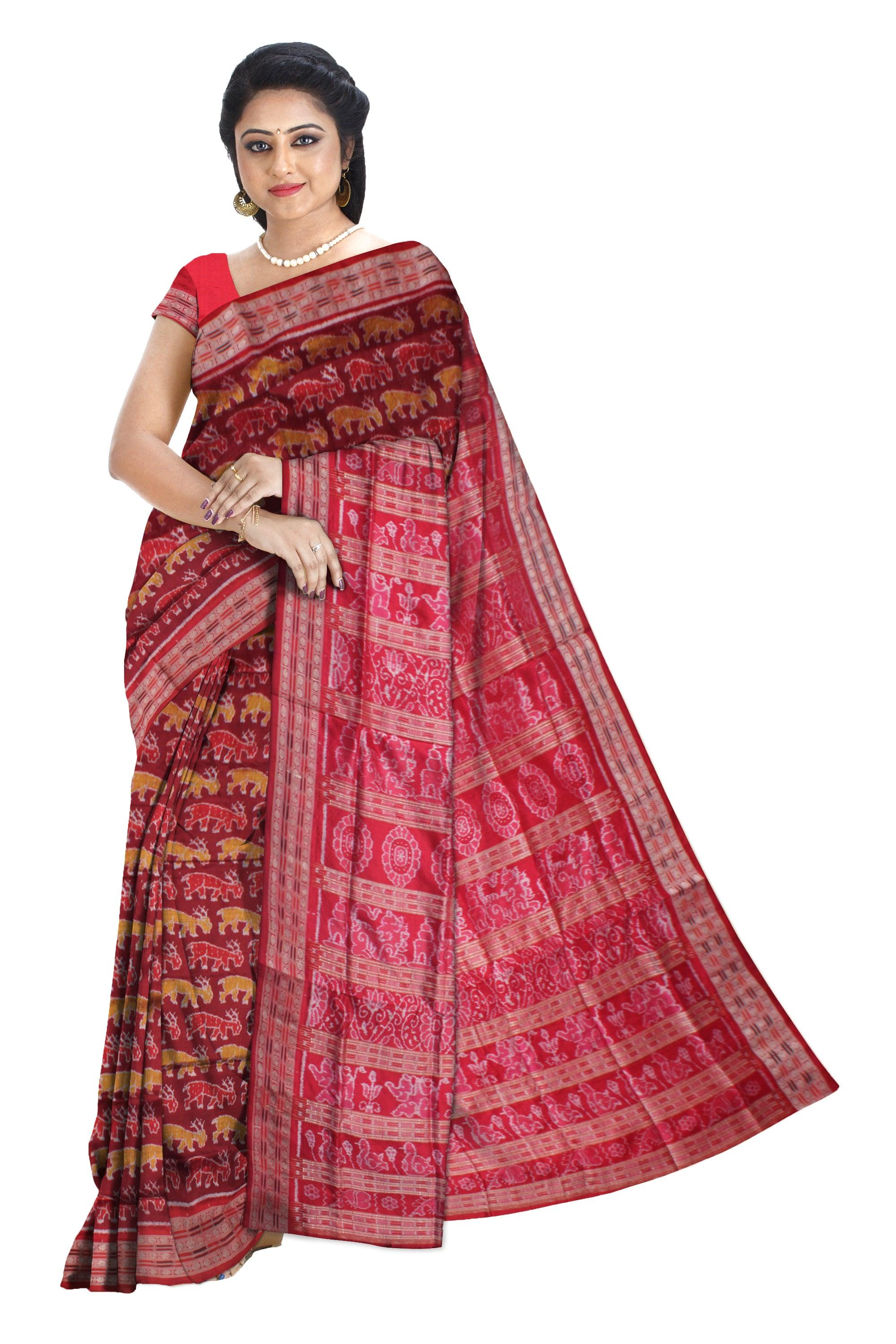 NEW ARRIVAL DEER PATTERN PURE SILK SAREE IS MAROON AND RED COLOR BASE, AVAILABLE WITH MATCHING BLOUSE PIECE. - Koshali Arts & Crafts Enterprise