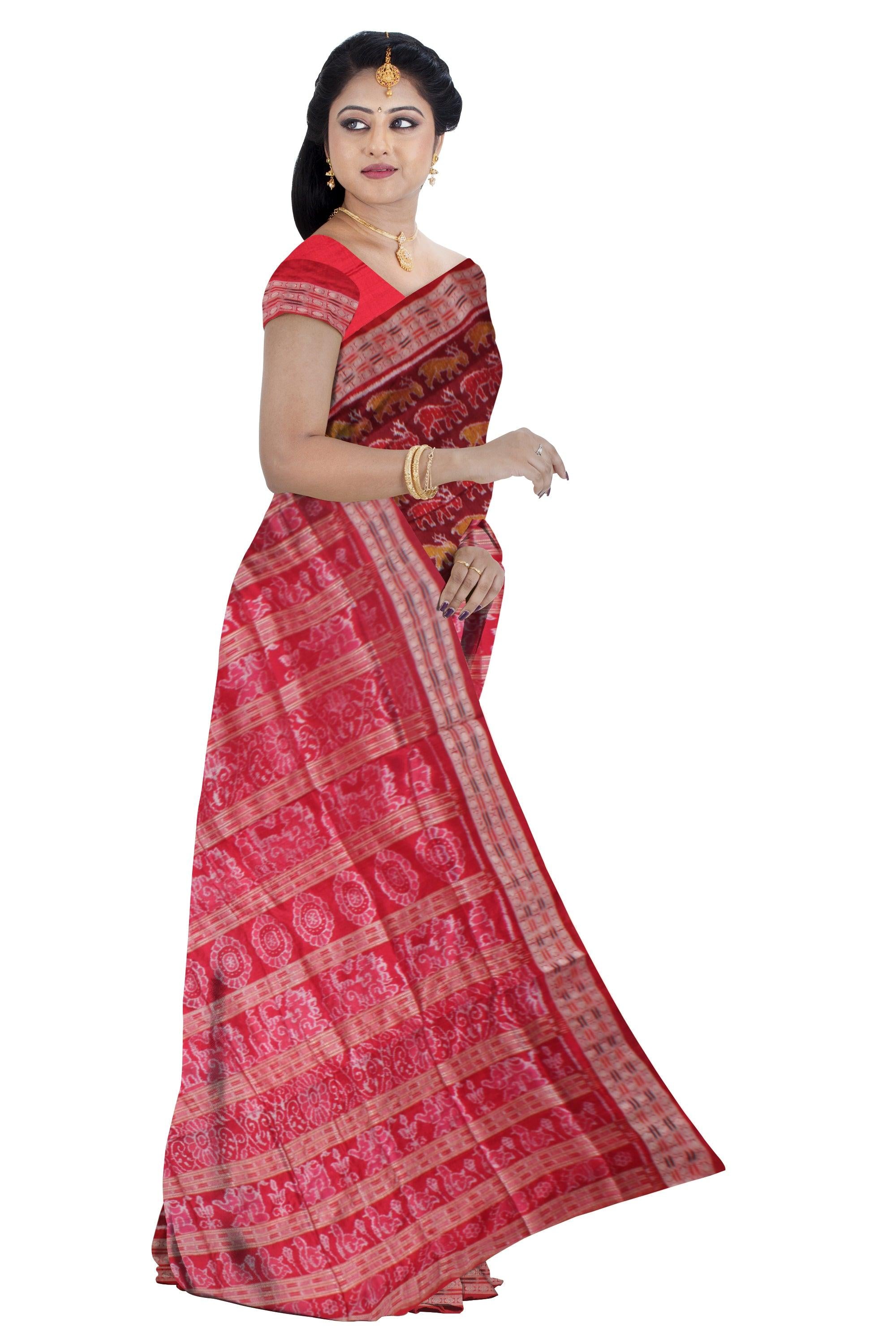 NEW ARRIVAL DEER PATTERN PURE SILK SAREE IS MAROON AND RED COLOR BASE, AVAILABLE WITH MATCHING BLOUSE PIECE. - Koshali Arts & Crafts Enterprise