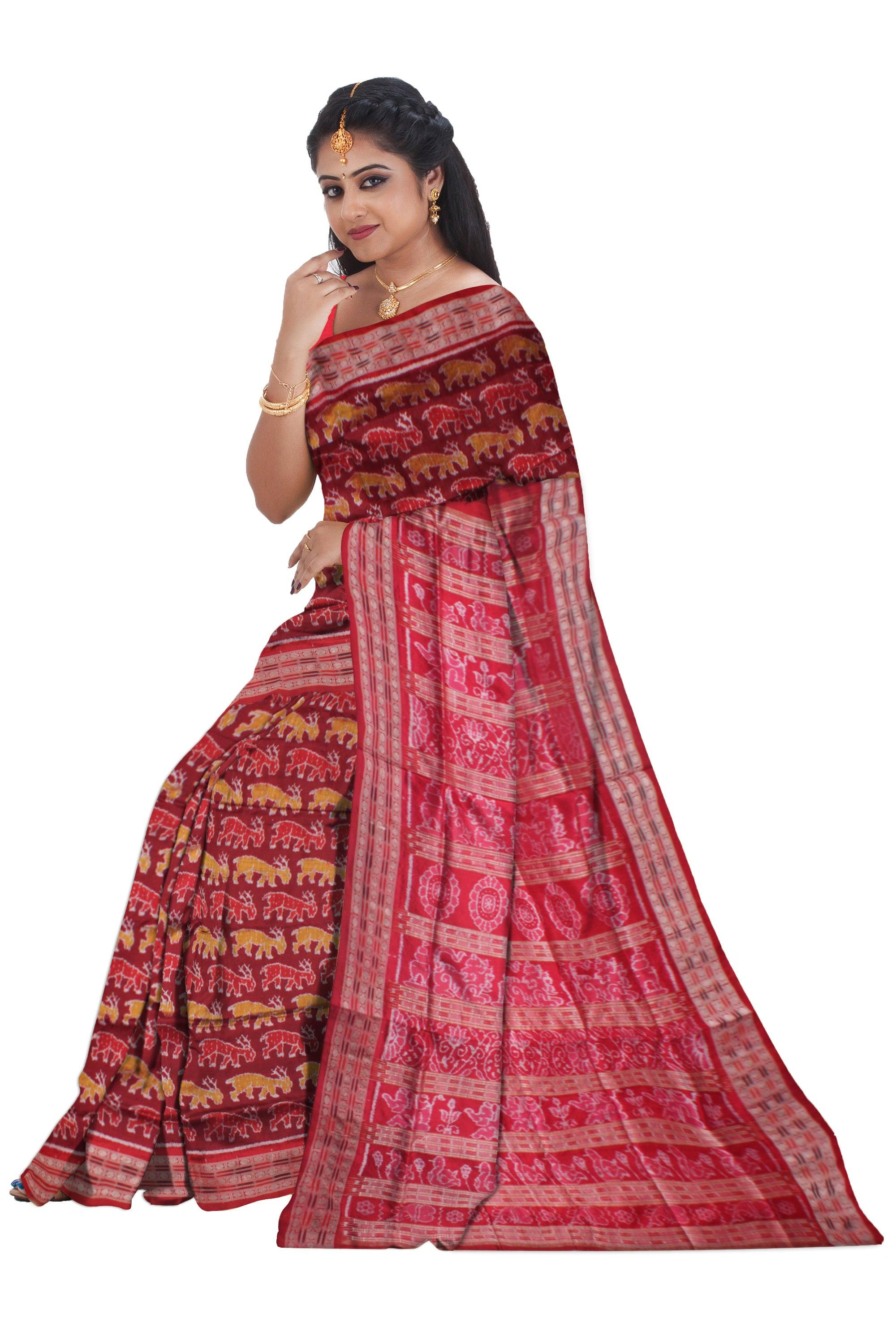NEW ARRIVAL DEER PATTERN PURE SILK SAREE IS MAROON AND RED COLOR BASE, AVAILABLE WITH MATCHING BLOUSE PIECE. - Koshali Arts & Crafts Enterprise