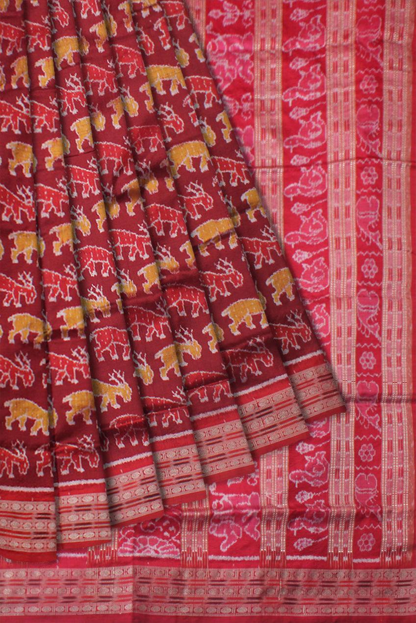 NEW ARRIVAL DEER PATTERN PURE SILK SAREE IS MAROON AND RED COLOR BASE, AVAILABLE WITH MATCHING BLOUSE PIECE. - Koshali Arts & Crafts Enterprise