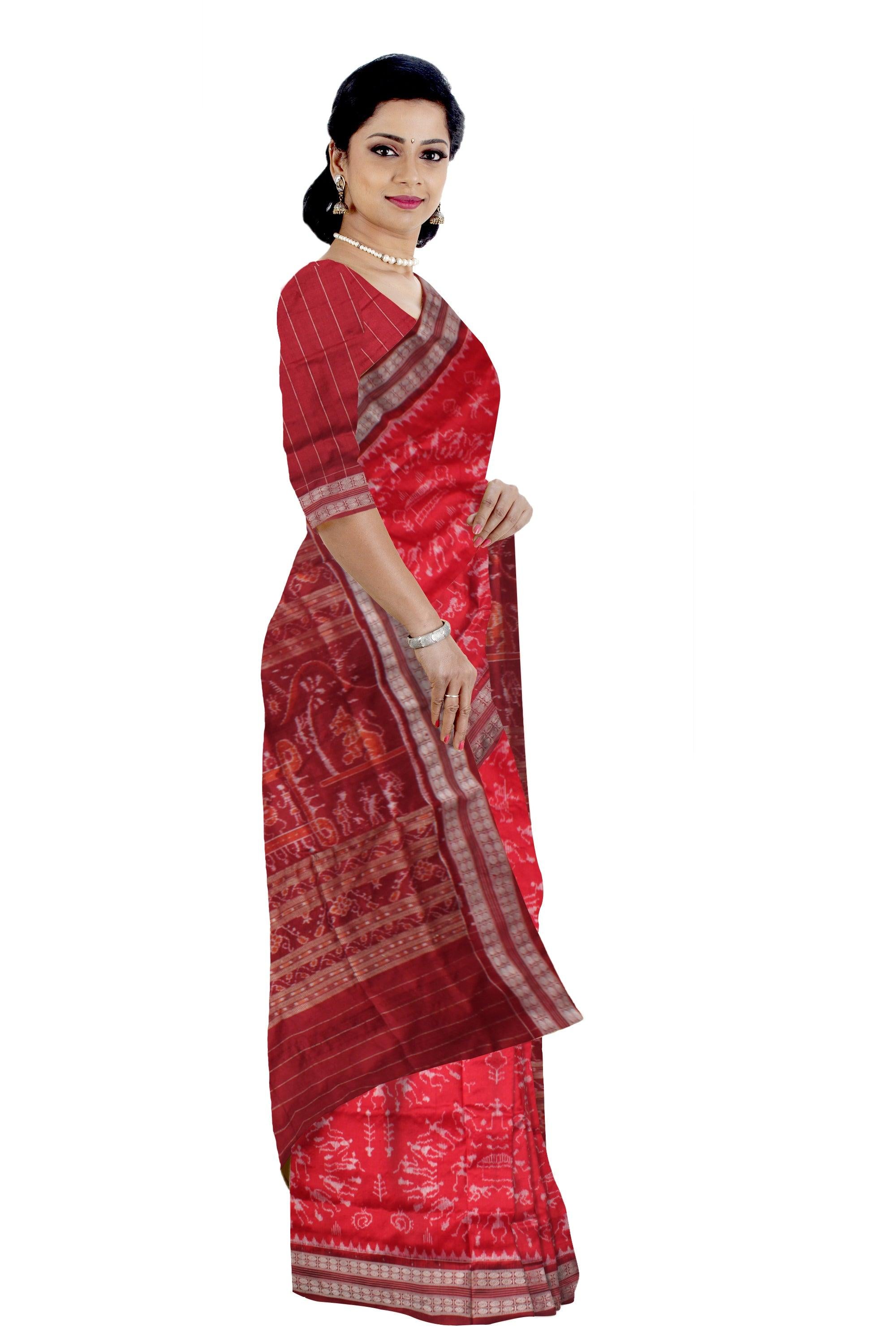NEW PATTERN PANCHA KUTI TERRACOTTA PATTERN PURE SILK SAREE IS RED AND MAROON COLOR BASE, COMES WITH MATCHING BLOUSE PIECE. - Koshali Arts & Crafts Enterprise