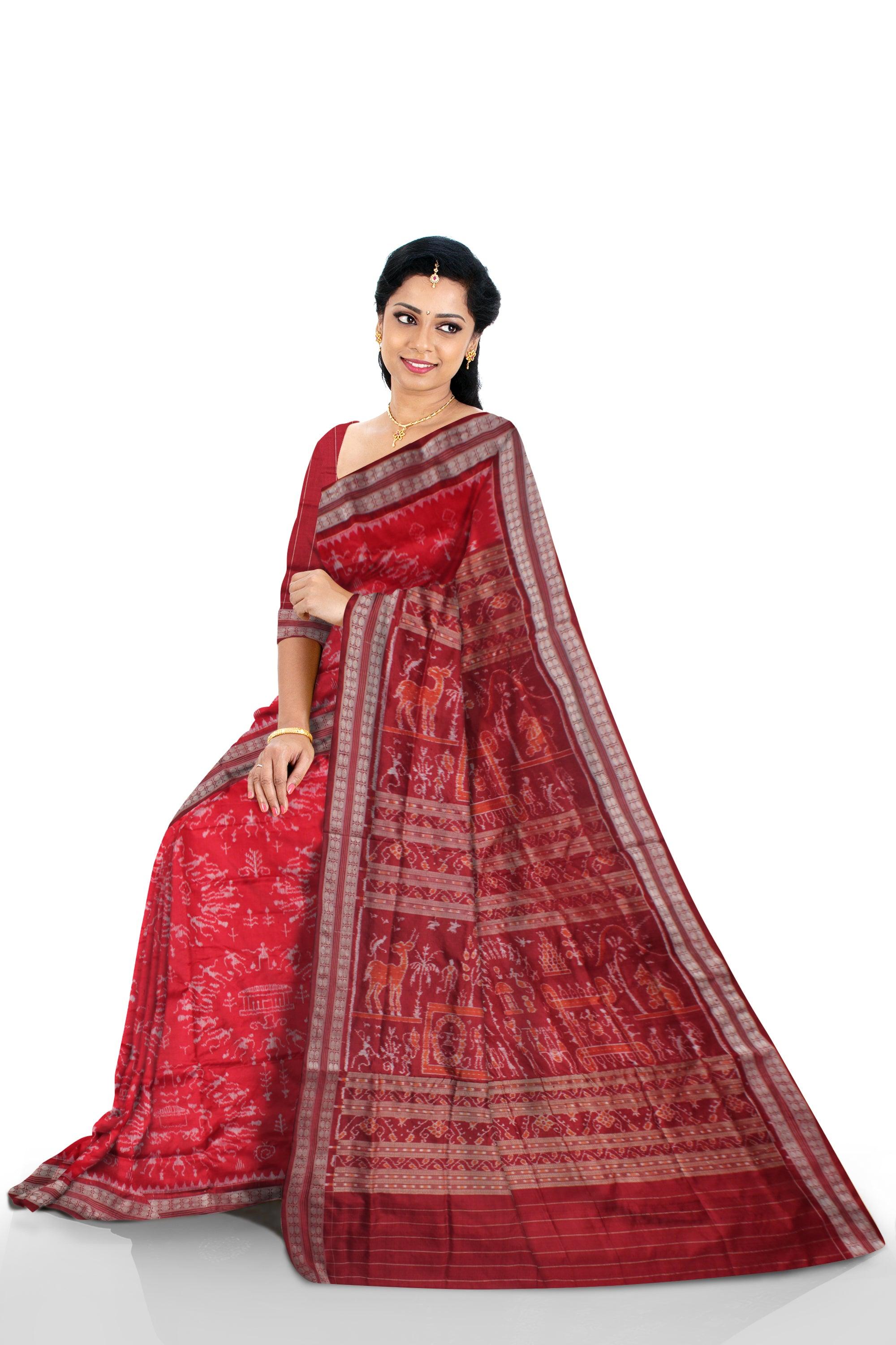 NEW PATTERN PANCHA KUTI TERRACOTTA PATTERN PURE SILK SAREE IS RED AND MAROON COLOR BASE, COMES WITH MATCHING BLOUSE PIECE. - Koshali Arts & Crafts Enterprise