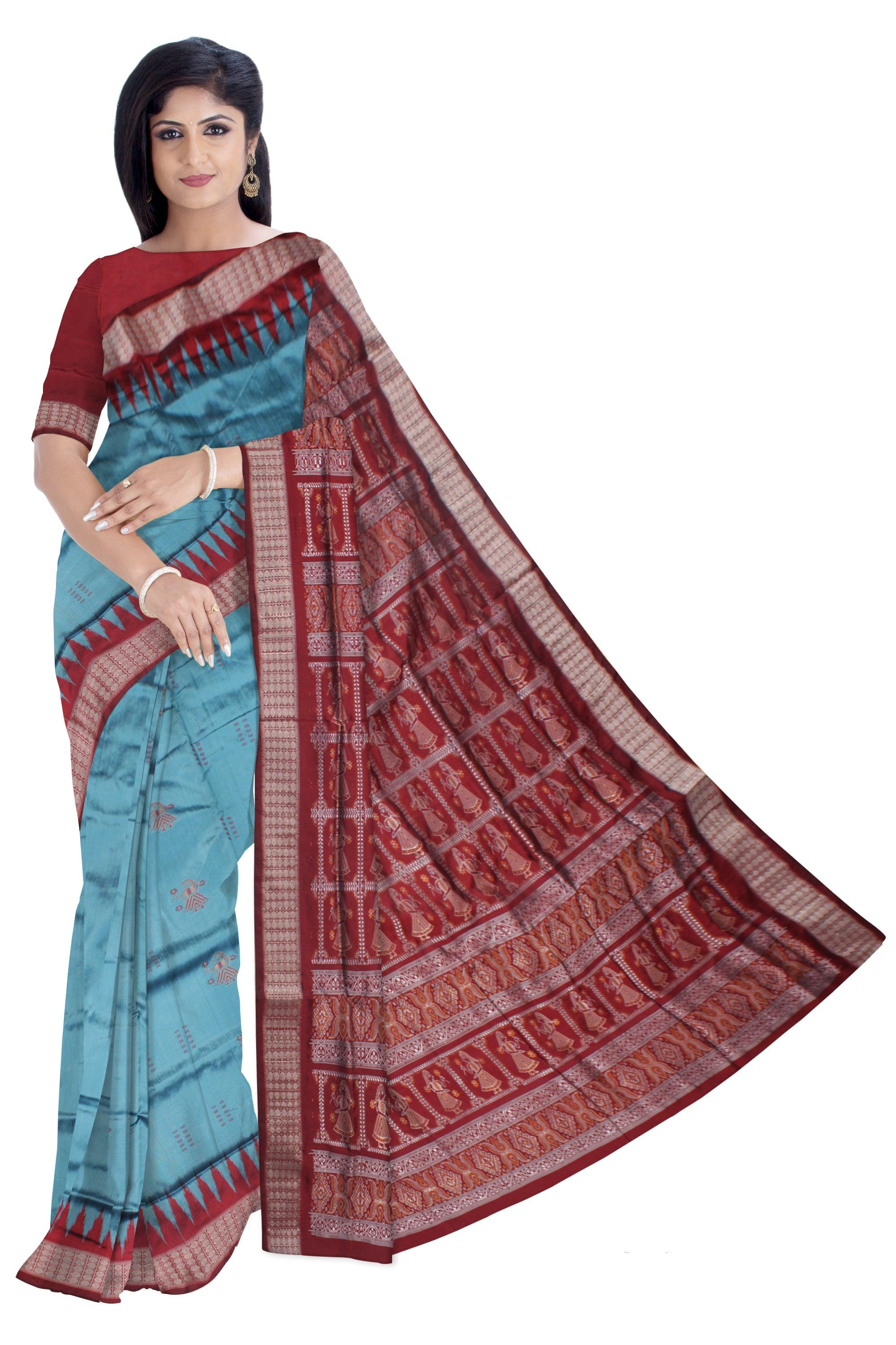 DOLL PRINT PATA SAREE IS SKY AND MAROON COLOR BASE, COMES WITH MATCHING BLOUSE PIECE. - Koshali Arts & Crafts Enterprise