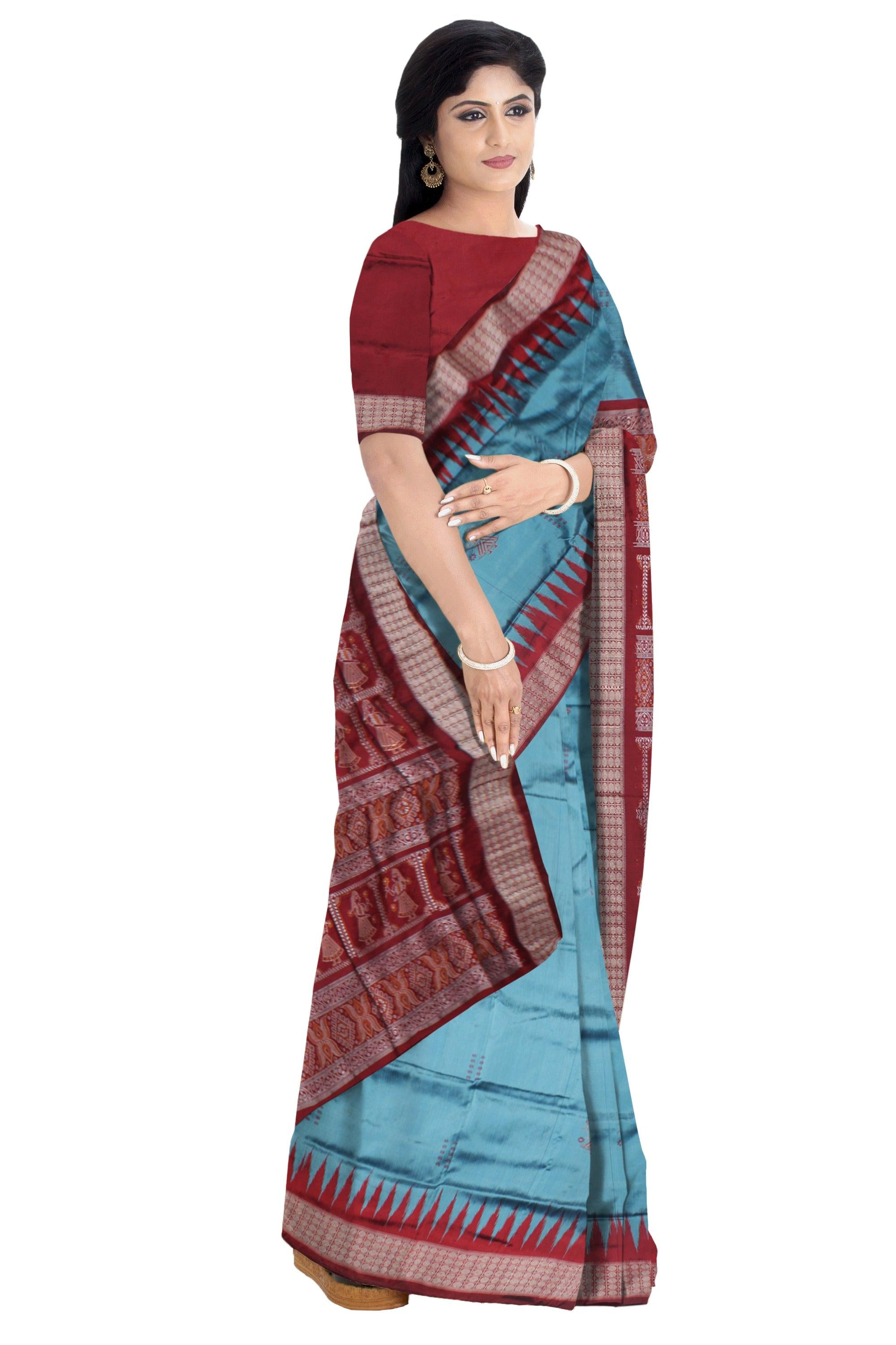 DOLL PRINT PATA SAREE IS SKY AND MAROON COLOR BASE, COMES WITH MATCHING BLOUSE PIECE. - Koshali Arts & Crafts Enterprise