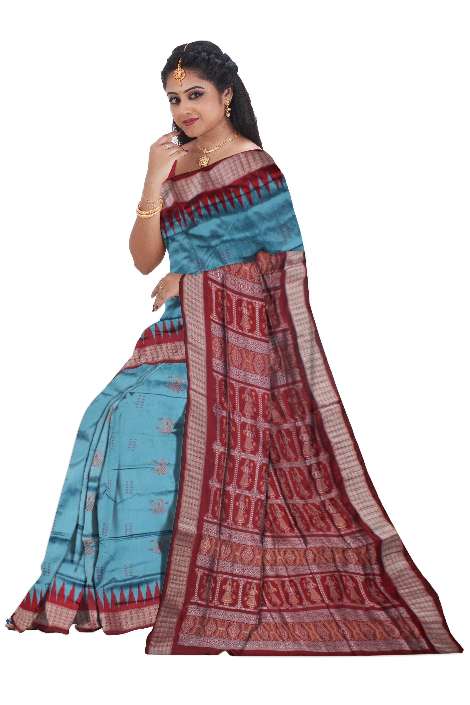 DOLL PRINT PATA SAREE IS SKY AND MAROON COLOR BASE, COMES WITH MATCHING BLOUSE PIECE. - Koshali Arts & Crafts Enterprise