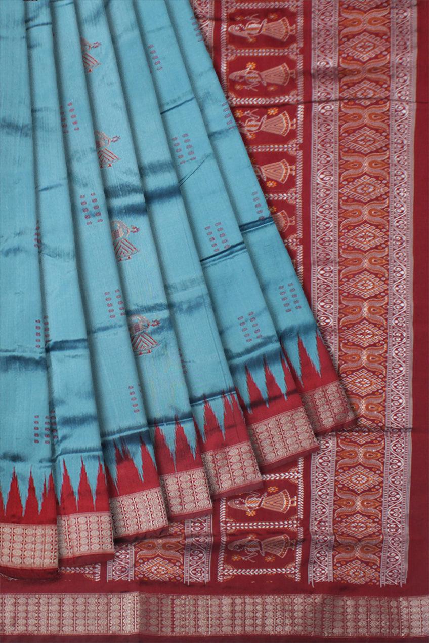 DOLL PRINT PATA SAREE IS SKY AND MAROON COLOR BASE, COMES WITH MATCHING BLOUSE PIECE. - Koshali Arts & Crafts Enterprise