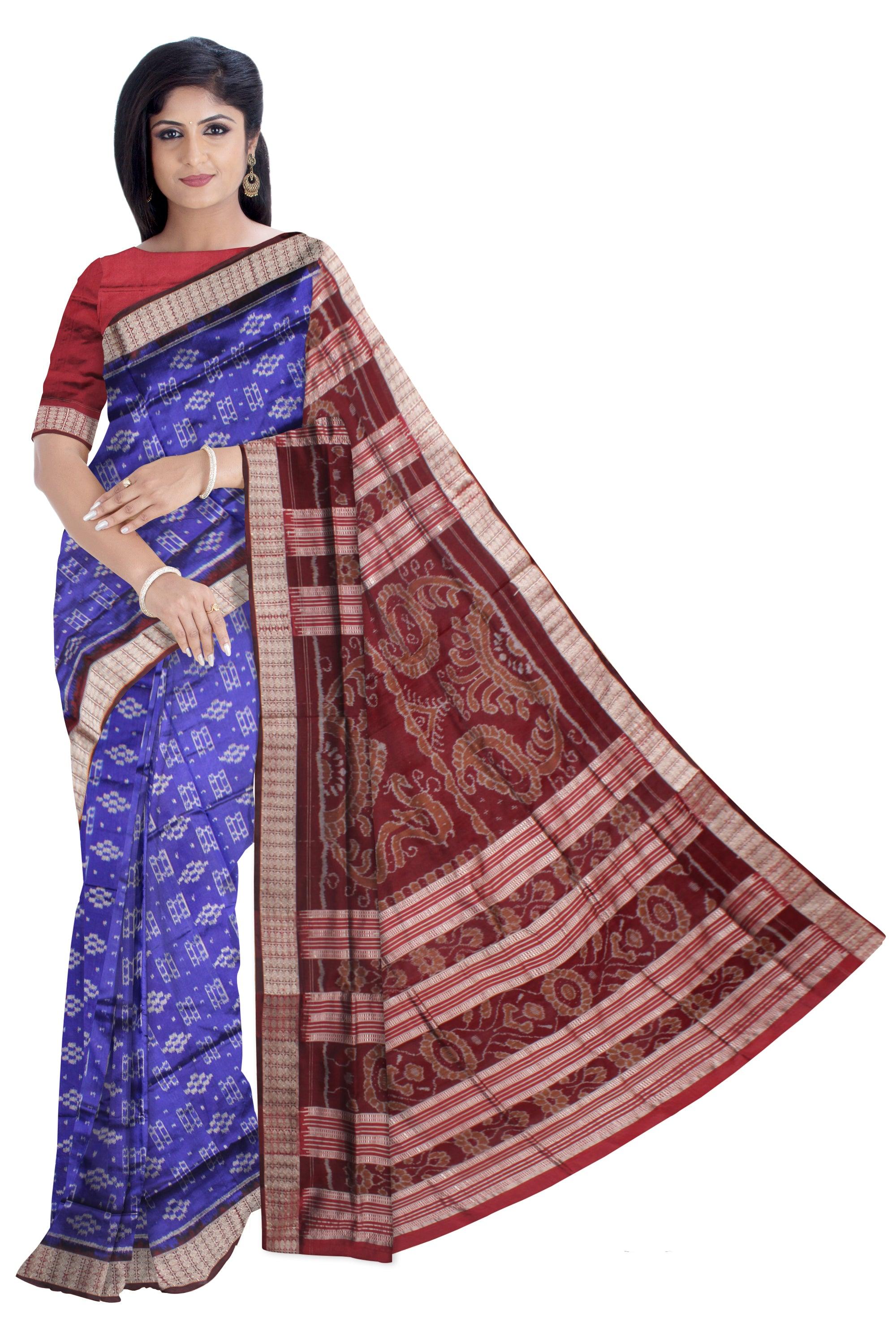 BLUE AND COFFEE COLOR PASAPALI PATTERN PATA SAREE , WITH BLOUSE PIECE. - Koshali Arts & Crafts Enterprise