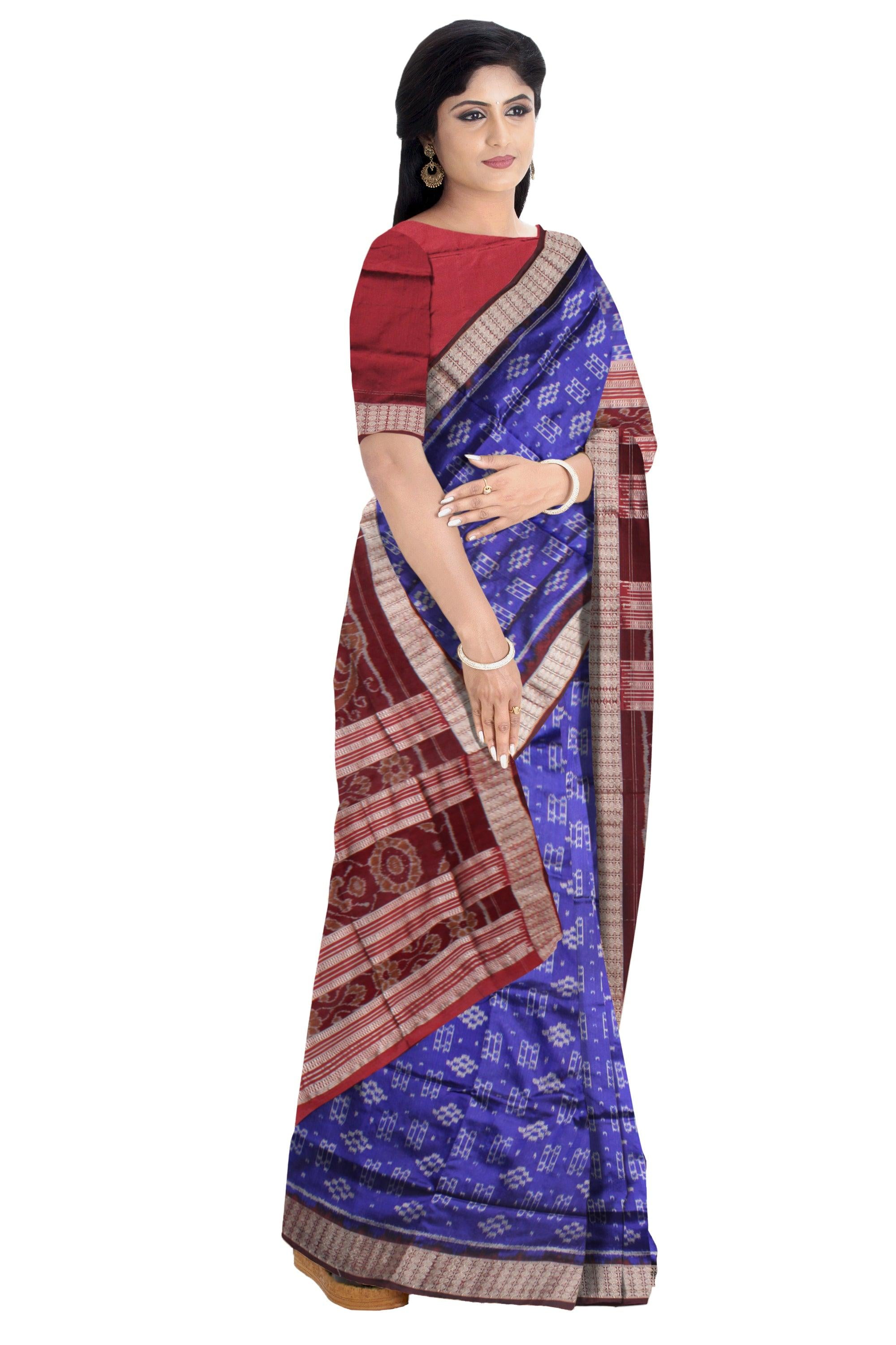 BLUE AND COFFEE COLOR PASAPALI PATTERN PATA SAREE , WITH BLOUSE PIECE. - Koshali Arts & Crafts Enterprise