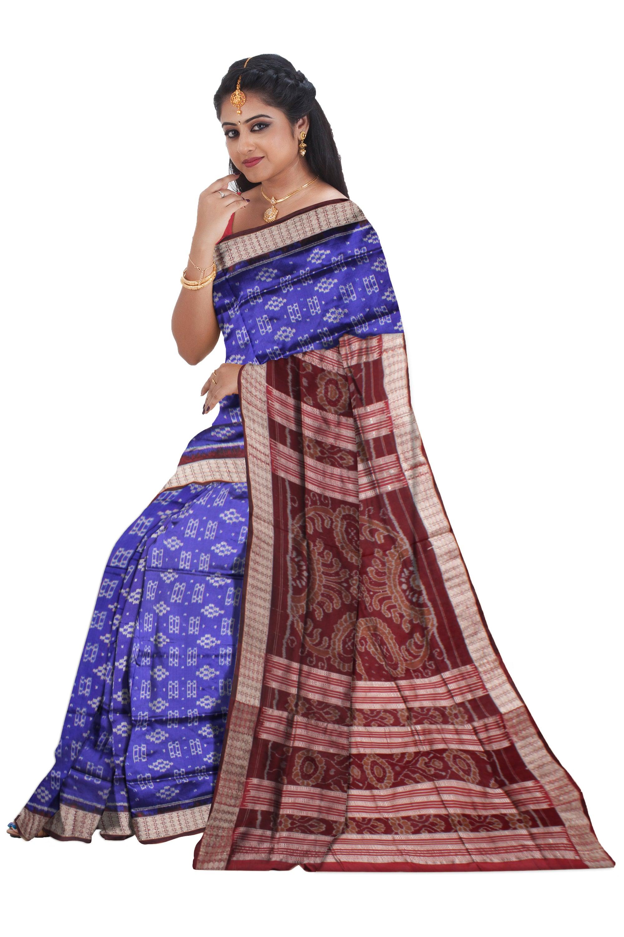 BLUE AND COFFEE COLOR PASAPALI PATTERN PATA SAREE , WITH BLOUSE PIECE. - Koshali Arts & Crafts Enterprise