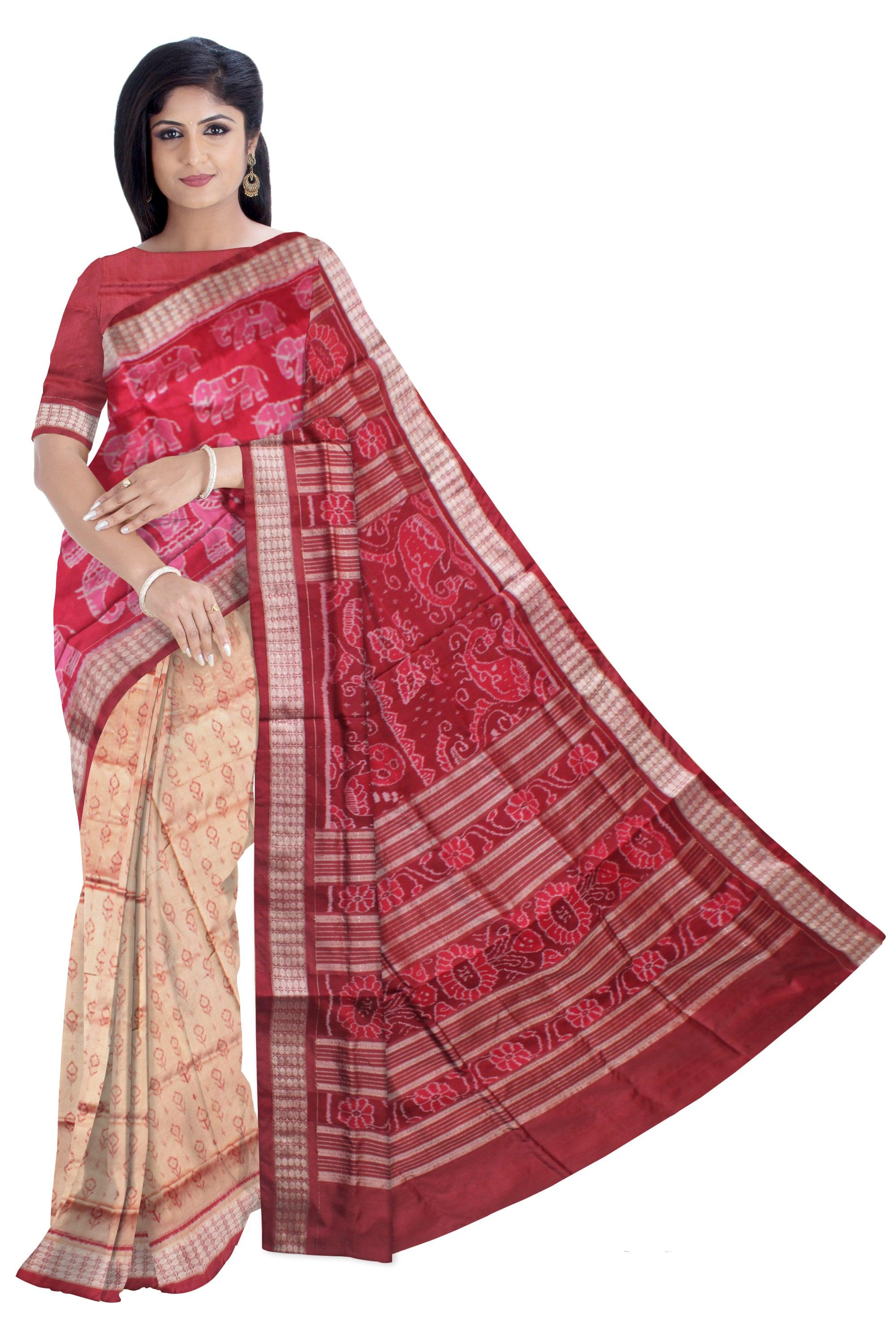 TRADITIONAL ELEPHANT PATTERN PATA SAREE IS 3D COLOR BASE, COMES WITH MATCHING BLOUSE PIECE. - Koshali Arts & Crafts Enterprise