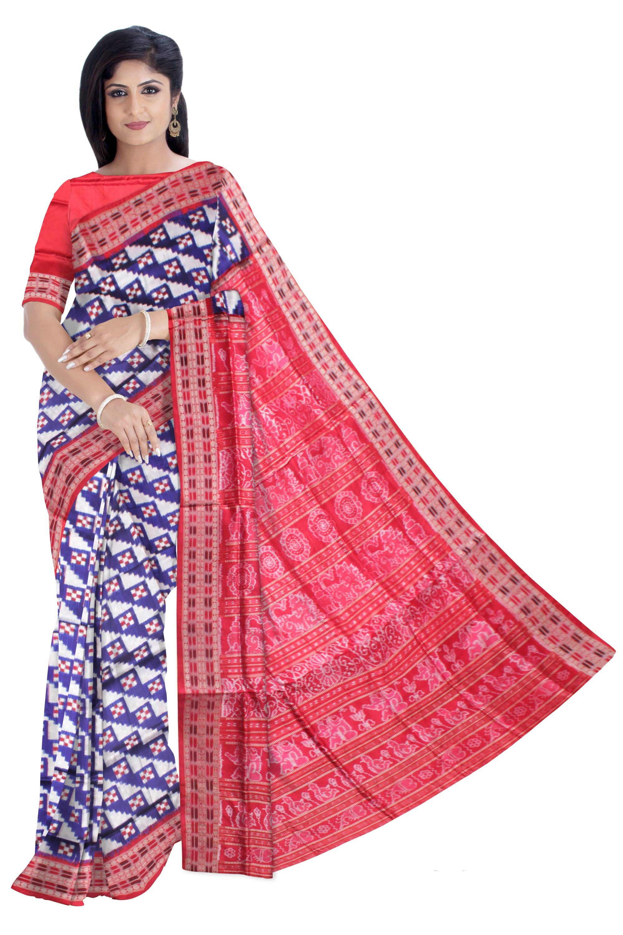 BLUE AND RED COLOR PASAPALI PATTERN PURE SILK SAREE, WITH BLOUSE PIECE. - Koshali Arts & Crafts Enterprise