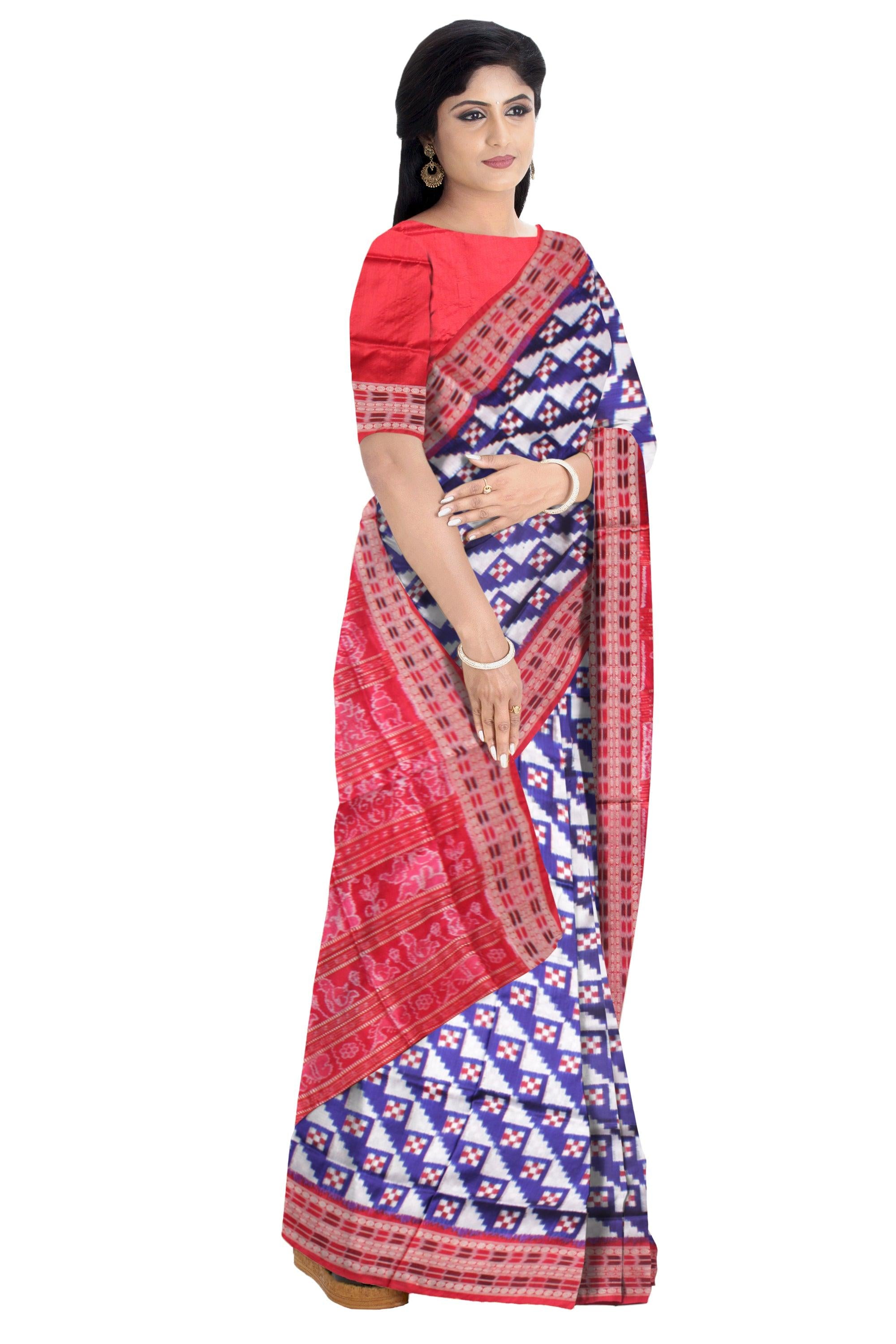 BLUE AND RED COLOR PASAPALI PATTERN PURE SILK SAREE, WITH BLOUSE PIECE. - Koshali Arts & Crafts Enterprise