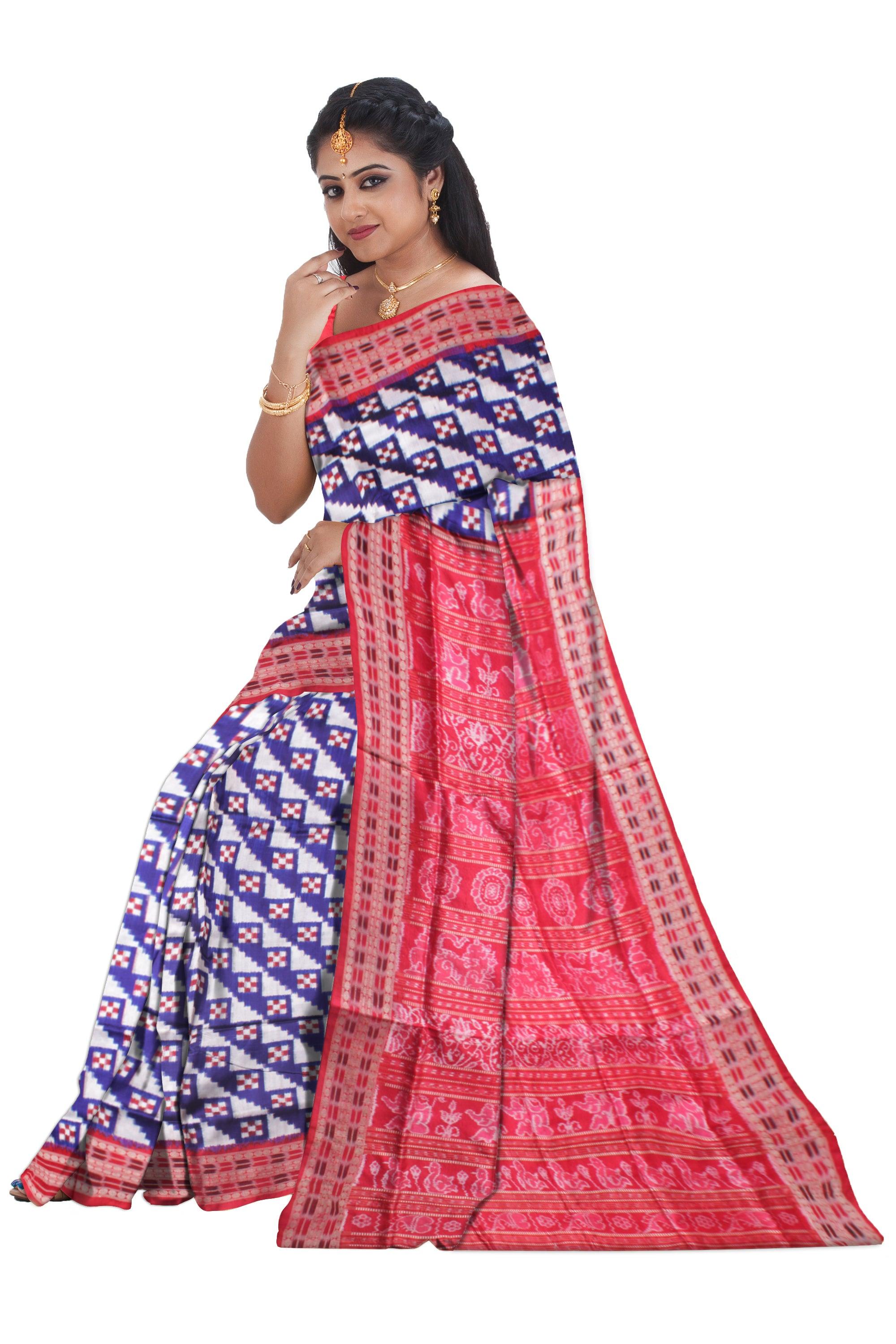 BLUE AND RED COLOR PASAPALI PATTERN PURE SILK SAREE, WITH BLOUSE PIECE. - Koshali Arts & Crafts Enterprise