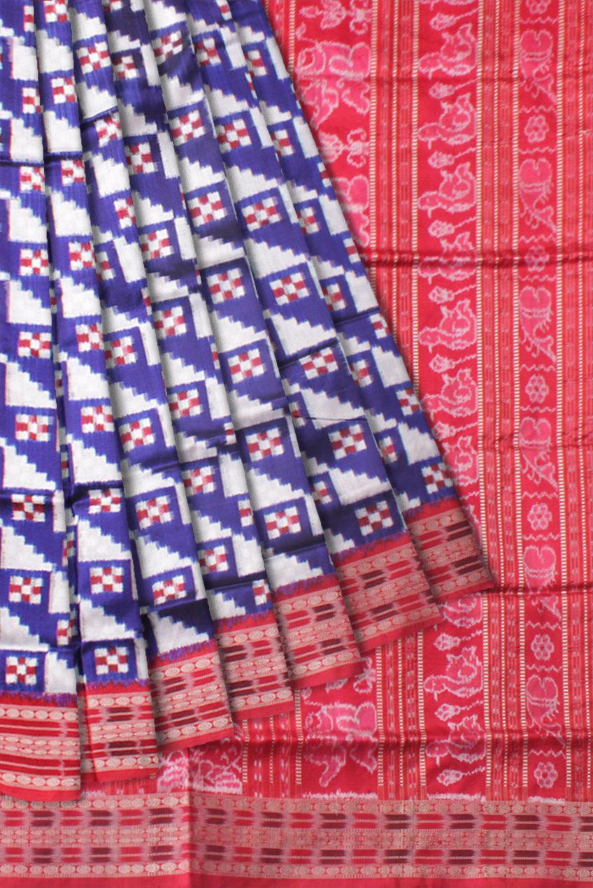 BLUE AND RED COLOR PASAPALI PATTERN PURE SILK SAREE, WITH BLOUSE PIECE. - Koshali Arts & Crafts Enterprise