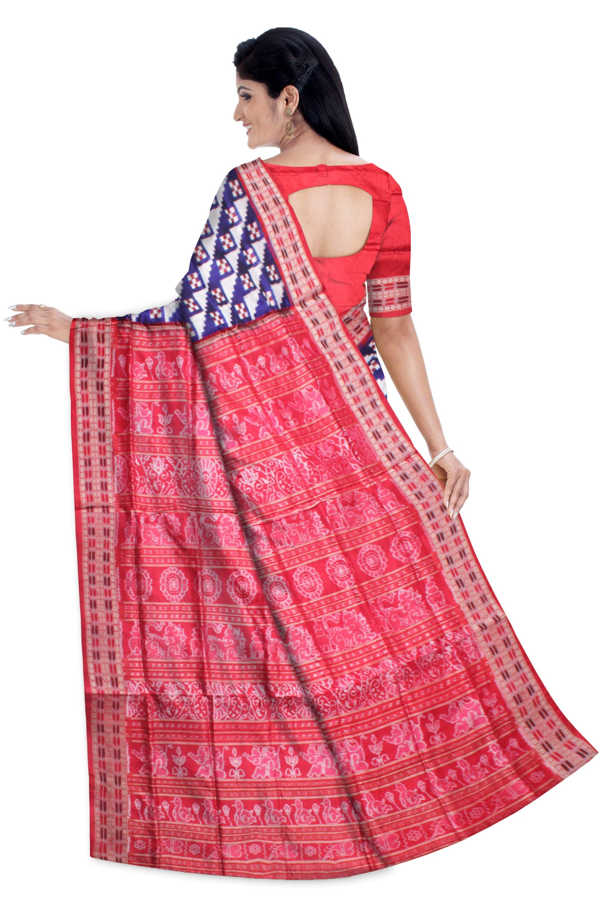 BLUE AND RED COLOR PASAPALI PATTERN PURE SILK SAREE, WITH BLOUSE PIECE. - Koshali Arts & Crafts Enterprise