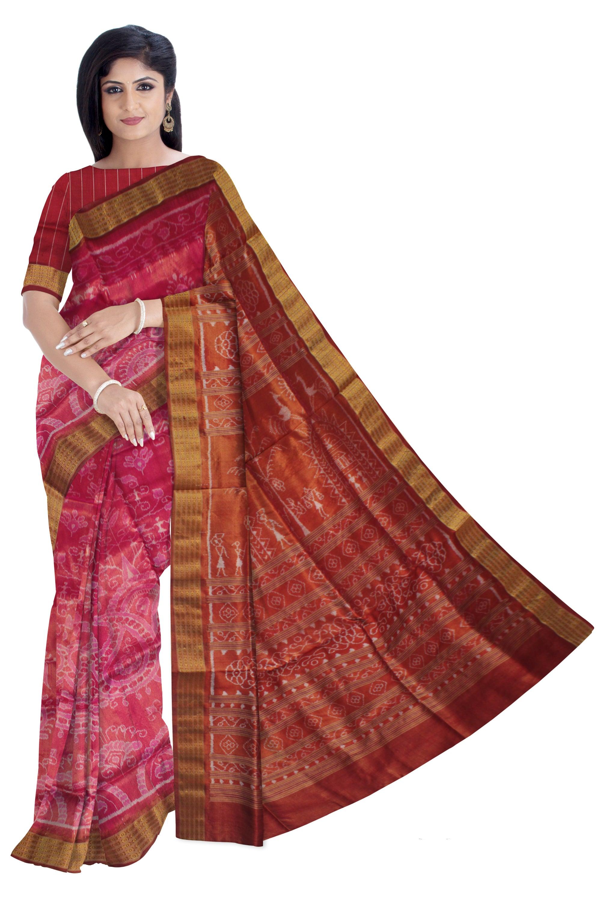 TRADITIONAL HANDWOVEN PURE TISSUE SILK IS RANI PINK AND DARK-ORANGE COLOR BASE, WITH MATCHING BLOUSE PIECE. - Koshali Arts & Crafts Enterprise