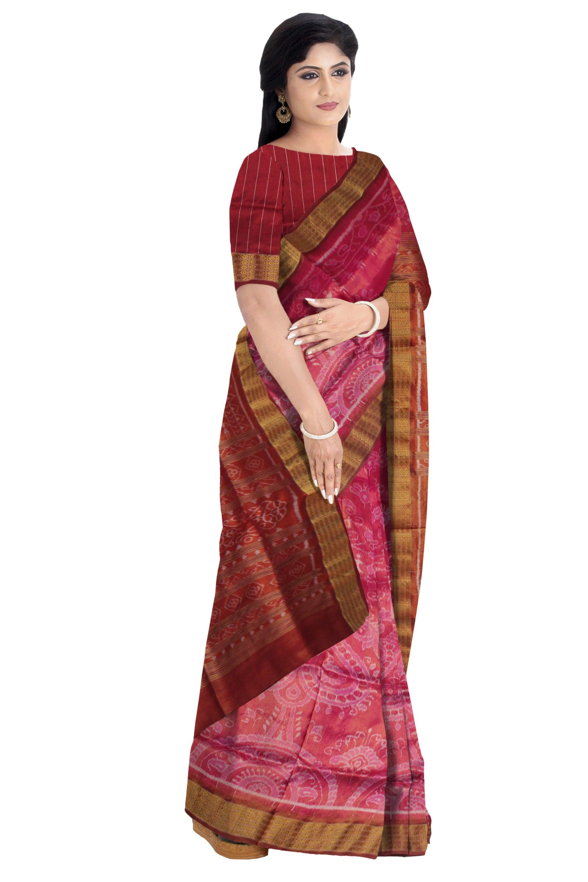 TRADITIONAL HANDWOVEN PURE TISSUE SILK IS RANI PINK AND DARK-ORANGE COLOR BASE, WITH MATCHING BLOUSE PIECE. - Koshali Arts & Crafts Enterprise