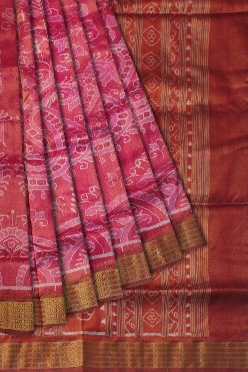 TRADITIONAL HANDWOVEN PURE TISSUE SILK IS RANI PINK AND DARK-ORANGE COLOR BASE, WITH MATCHING BLOUSE PIECE. - Koshali Arts & Crafts Enterprise