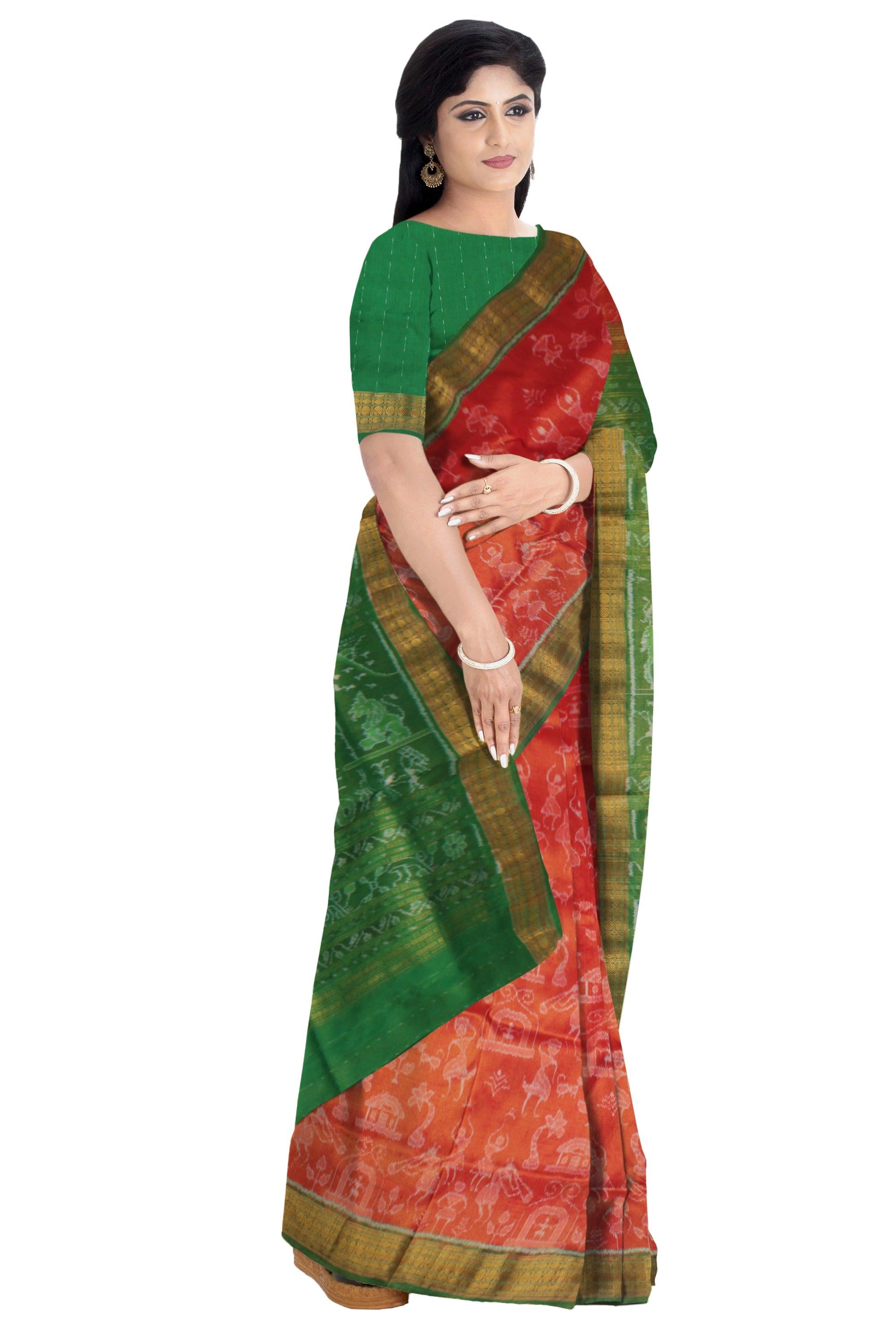 TRADITIONAL VILLAGE PATTERN PURE TISSUE SILK SAREE IS DARK-ORANGE AND GREEN COLOR BASE, COMES WITH ,MATCHING BLOUSE PIECE. - Koshali Arts & Crafts Enterprise