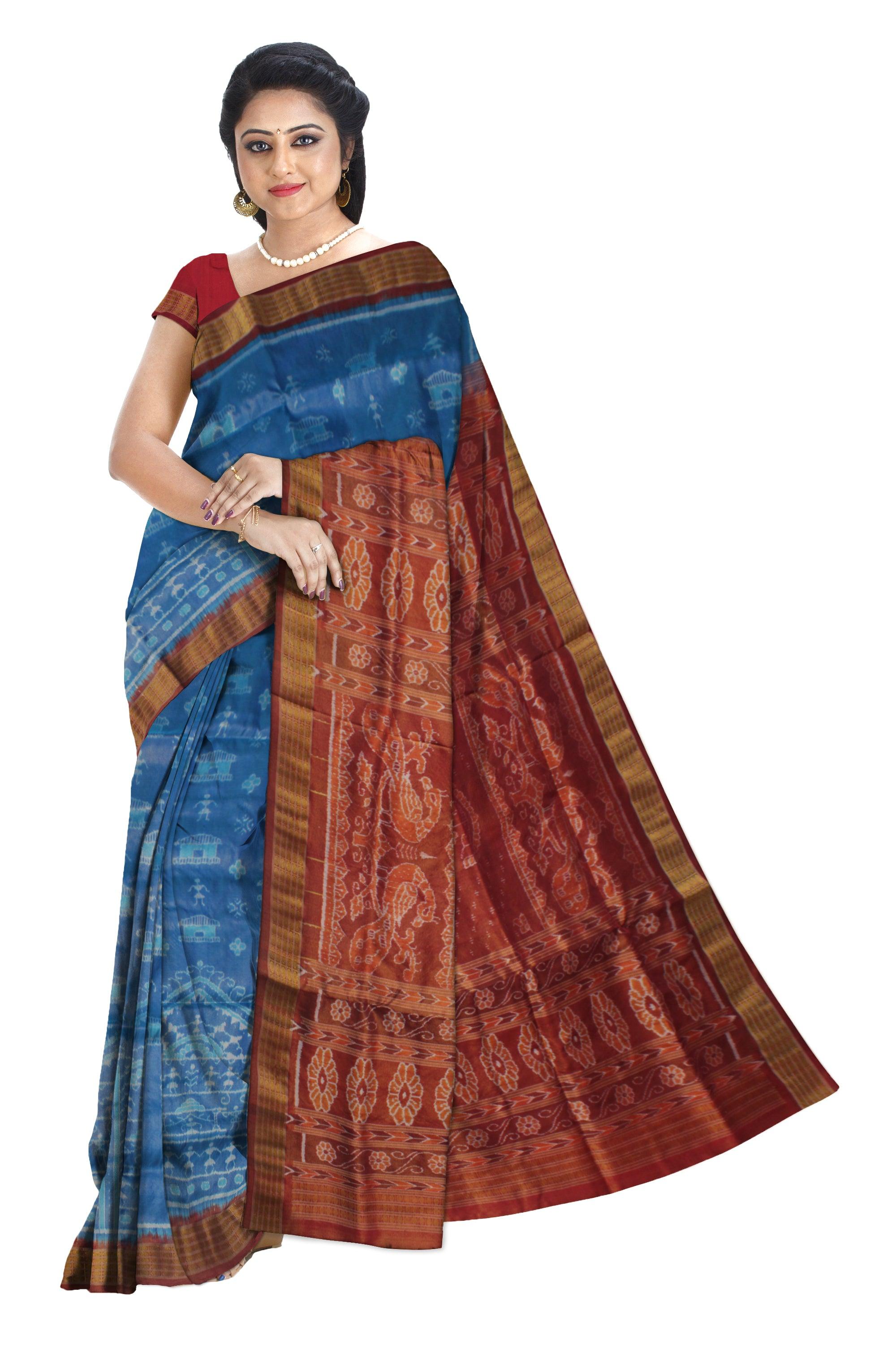 SKY BLUE AND DARK ORANGE COLOR PURE TISSUE SILK PATA SAREE, WITH BLOUSE PIECE. - Koshali Arts & Crafts Enterprise