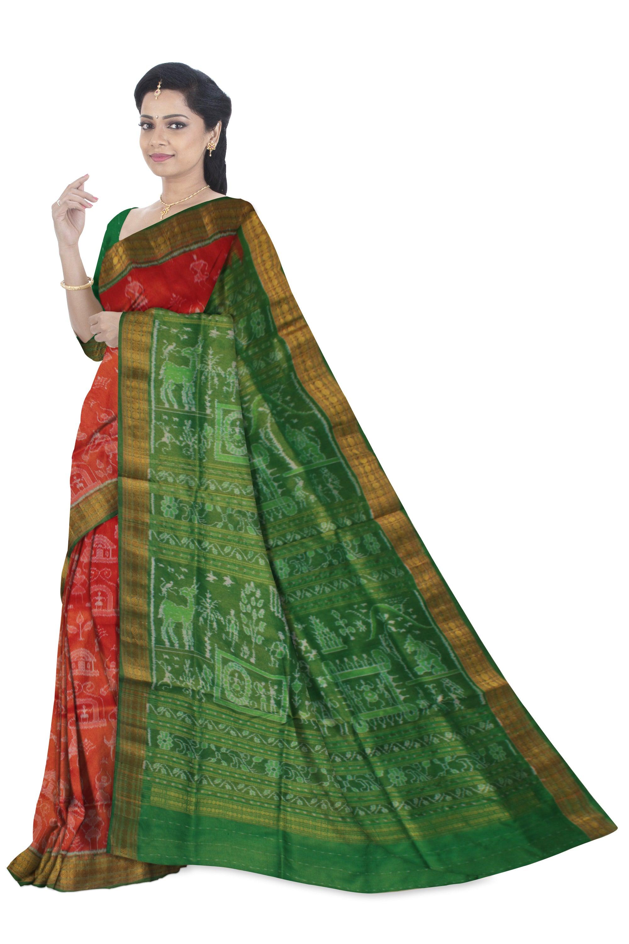 TRADITIONAL VILLAGE PATTERN PURE TISSUE SILK SAREE IS DARK-ORANGE AND GREEN COLOR BASE, COMES WITH ,MATCHING BLOUSE PIECE. - Koshali Arts & Crafts Enterprise