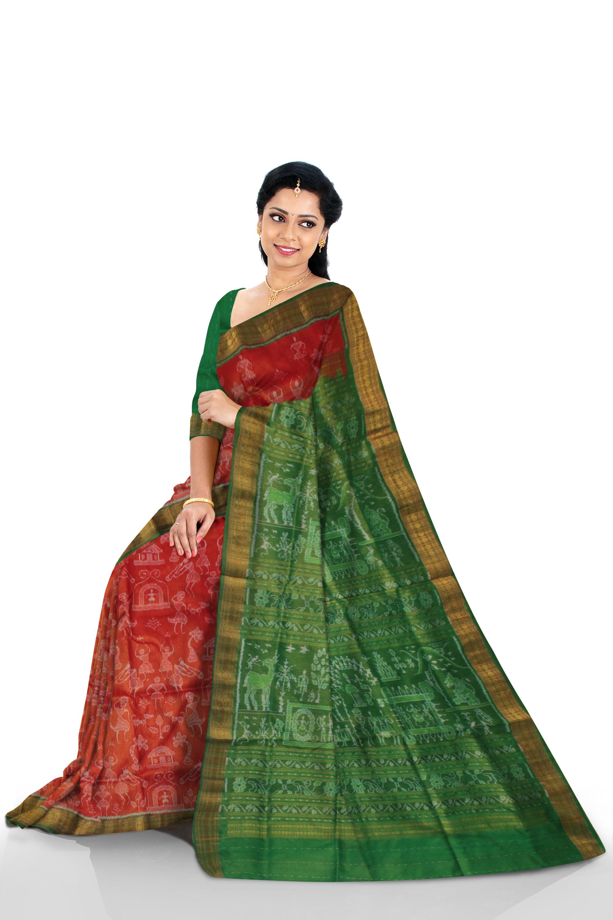 TRADITIONAL VILLAGE PATTERN PURE TISSUE SILK SAREE IS DARK-ORANGE AND GREEN COLOR BASE, COMES WITH ,MATCHING BLOUSE PIECE. - Koshali Arts & Crafts Enterprise