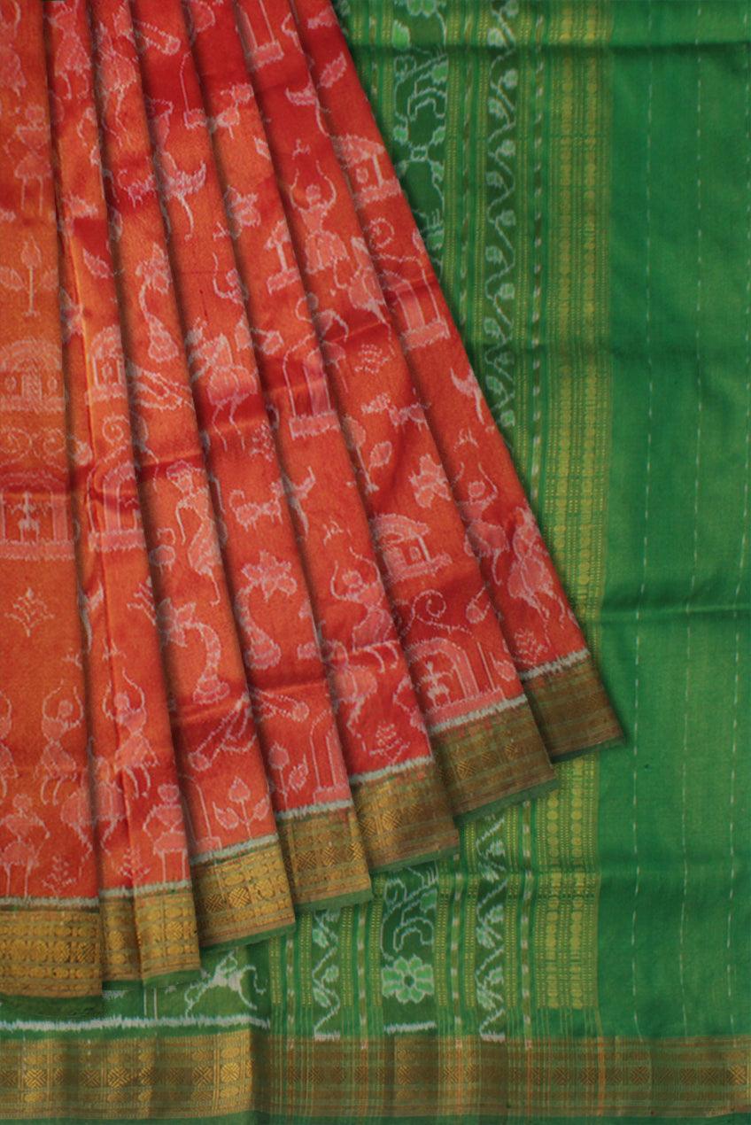 TRADITIONAL VILLAGE PATTERN PURE TISSUE SILK SAREE IS DARK-ORANGE AND GREEN COLOR BASE, COMES WITH ,MATCHING BLOUSE PIECE. - Koshali Arts & Crafts Enterprise