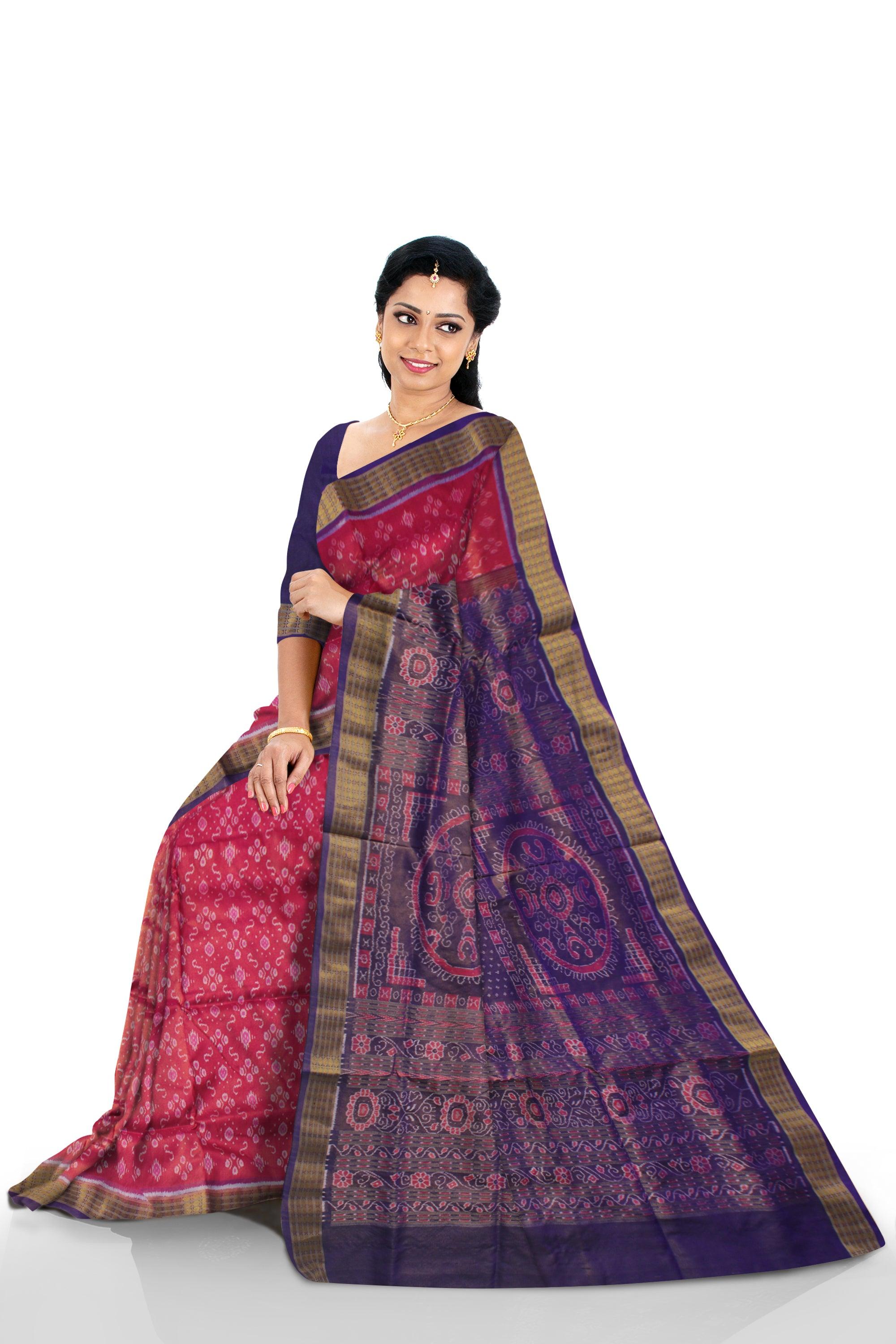 LATEST IKAT PATTERN PURE TISSUE SILK PATA SAREE IS DARK-PINK AND PURPLE COLOR BASE, ATTACHED WITH MATCHING BLOUSE PIECE. - Koshali Arts & Crafts Enterprise